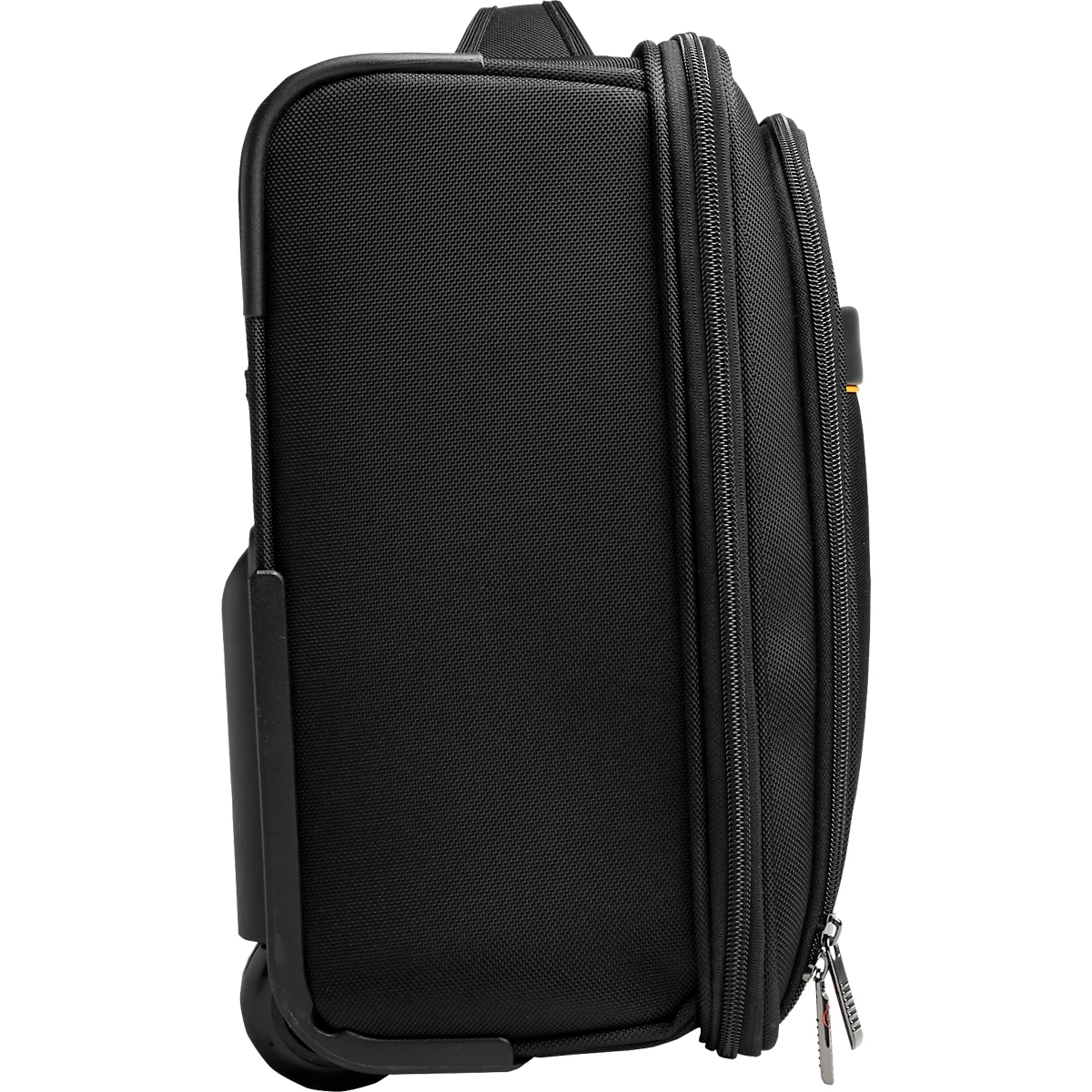 Valise noire de profil. Fermeture éclair, roues visibles.