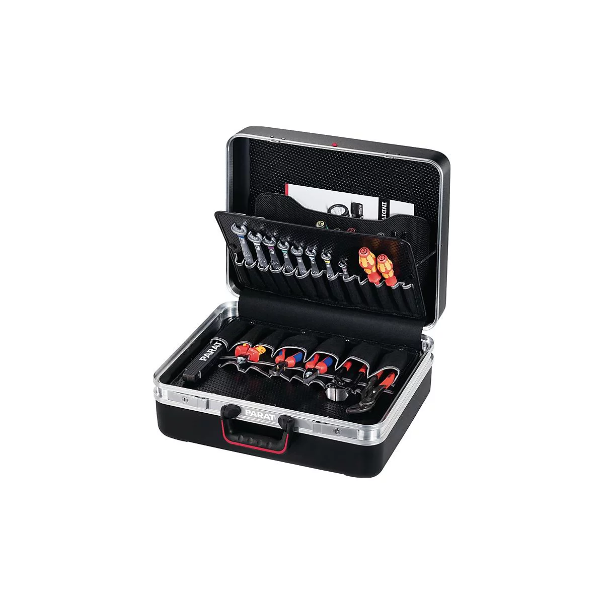 Mallette à outils noire ouverte avec clés, pinces et tournevis.
