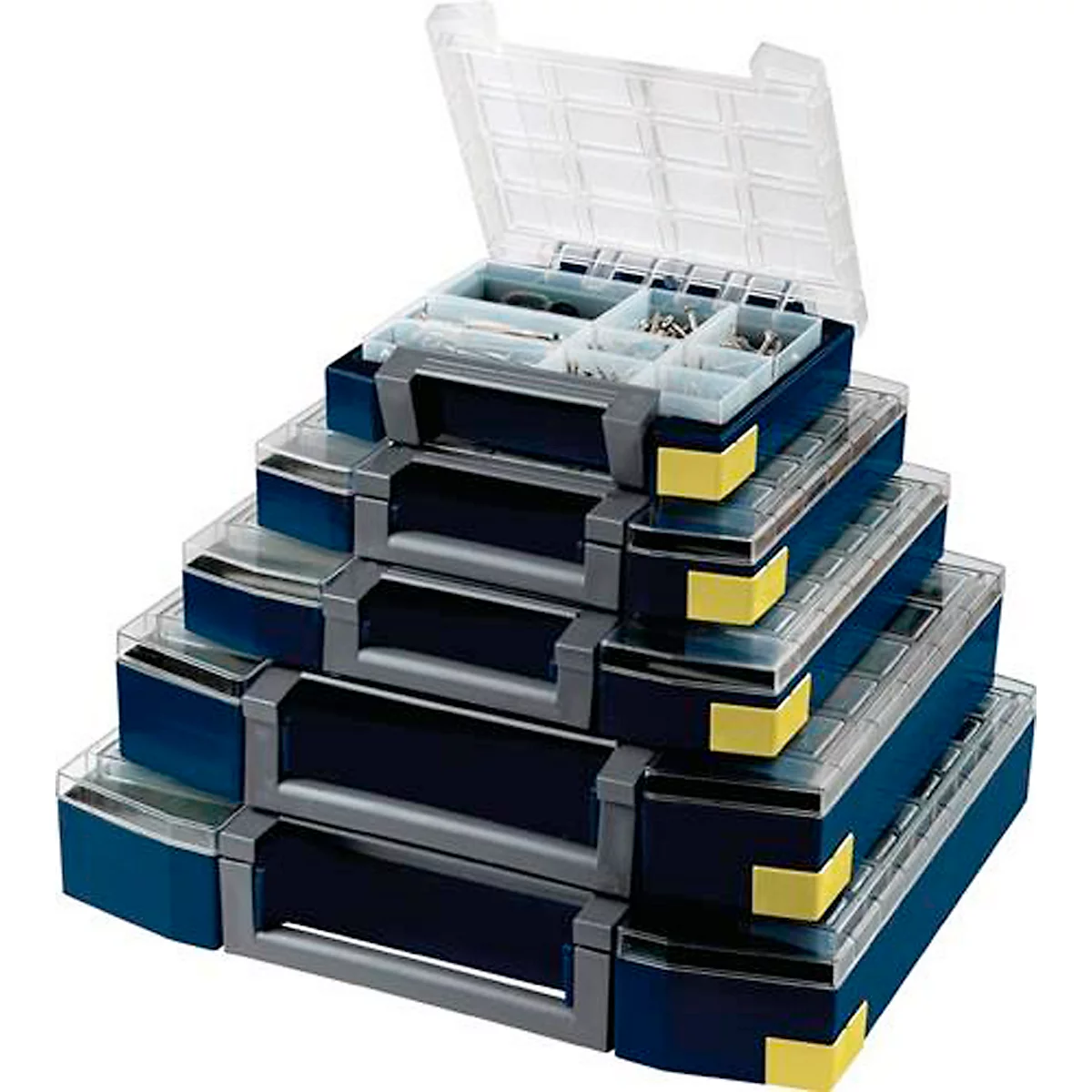 Boîtes de rangement bleues et grises empilées avec couvercles transparents, une ouverte.
