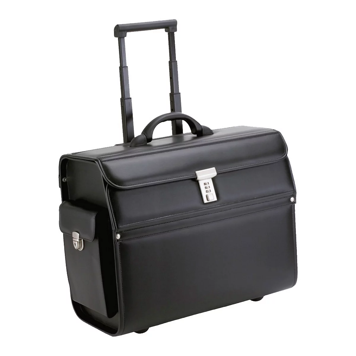 Valise à roulettes noire avec poignée télescopique, poignée de transport, cadenas à combinaison et poche latérale.