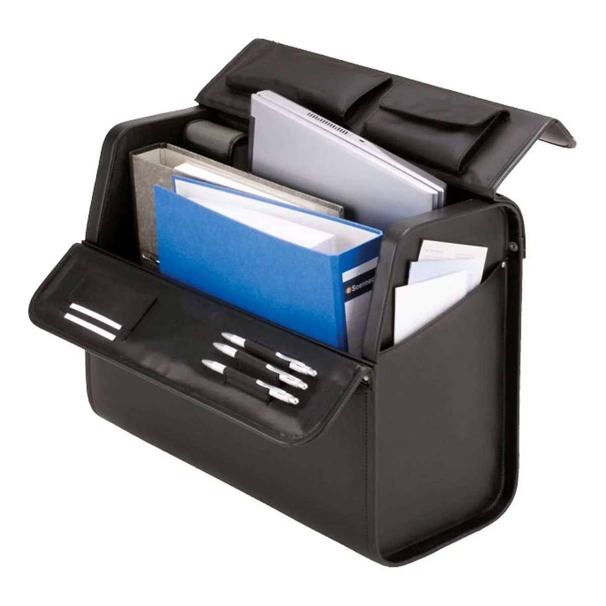 Mallette noire avec couvercle ouvert, remplie de dossiers, d'un ordinateur portable et de stylos.