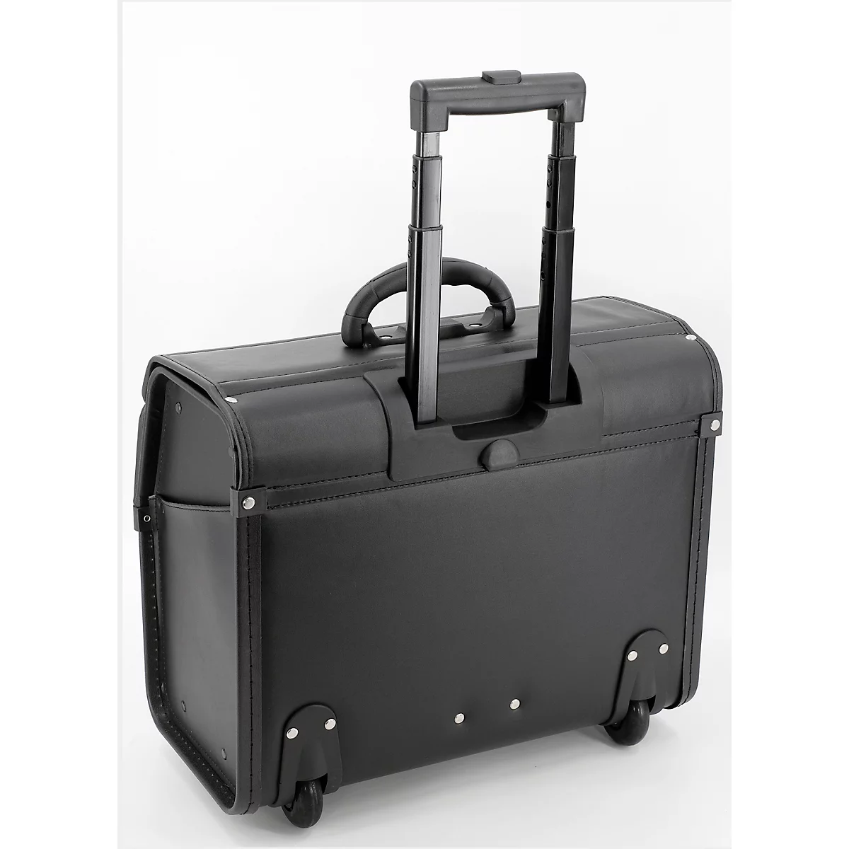 Valise à roulettes noire avec poignée rétractable et poignée, posée sur un fond clair.