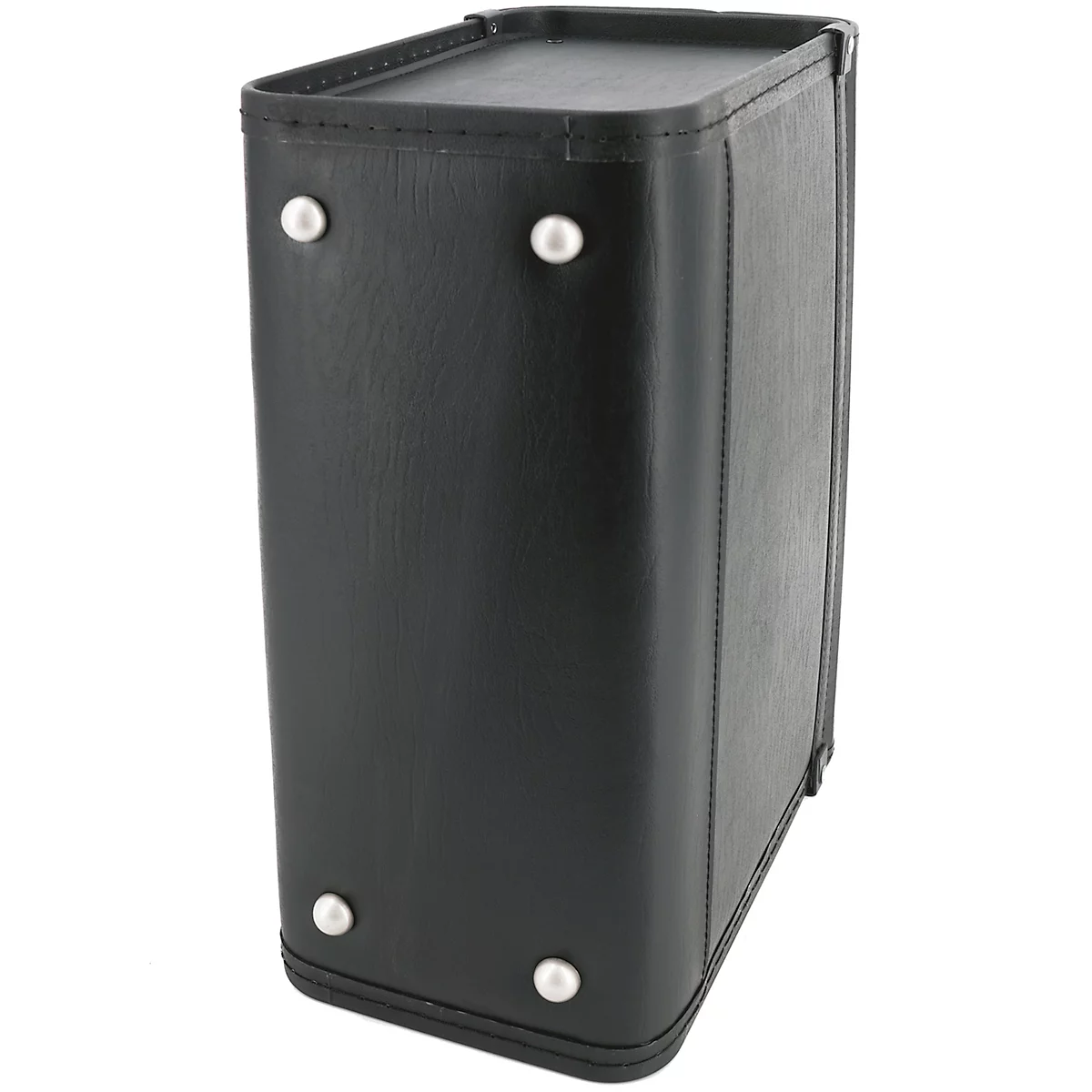 Mallette en cuir noir avec rivets. Bords arrondis.