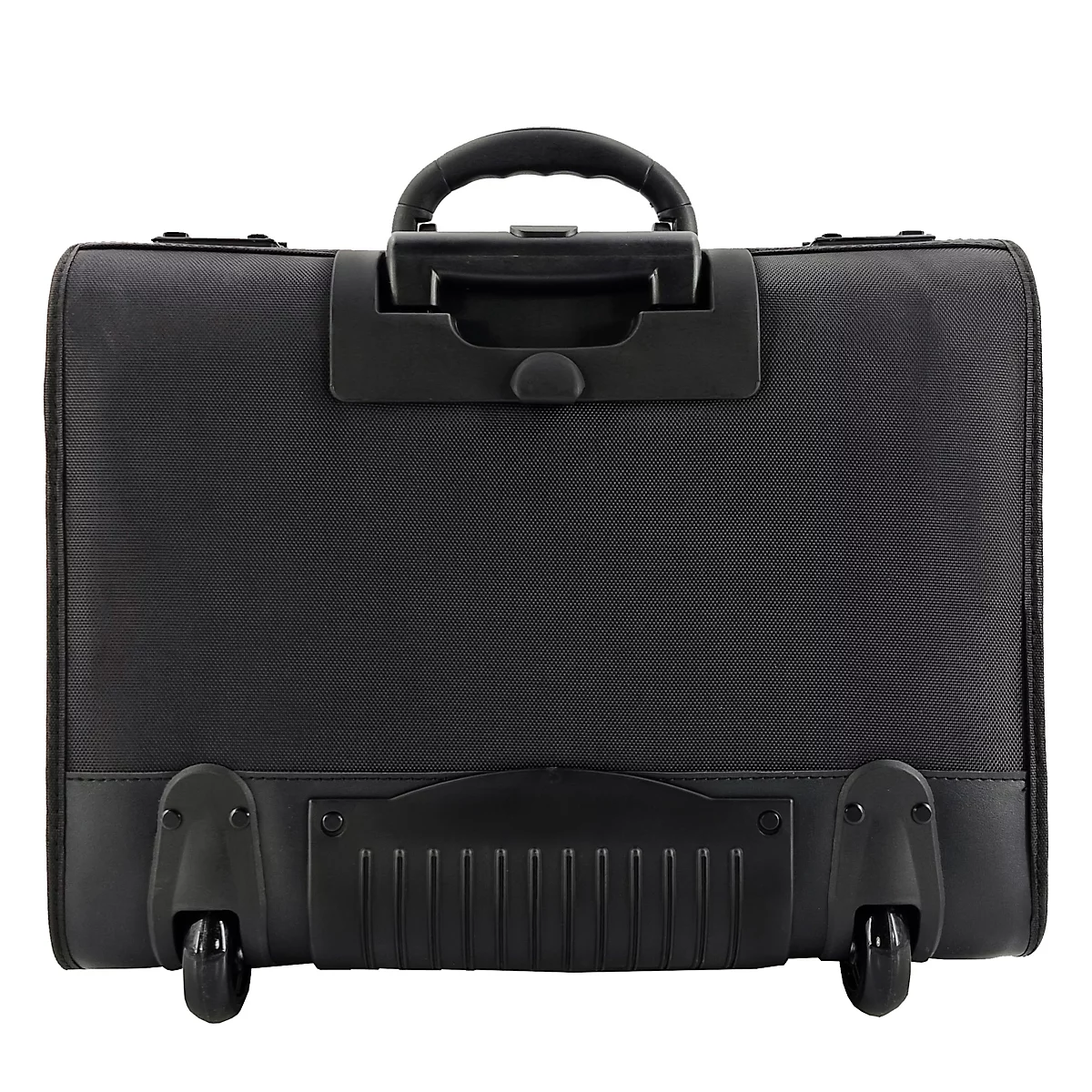 Mallette trolley noire, vue arrière, avec poignée, roues et barre télescopique.