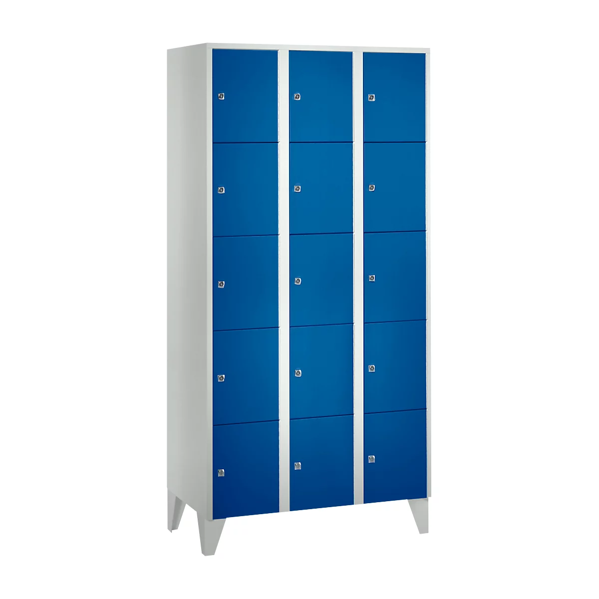 Cabinet with blue doors, white frames, and feet. Each door has a silver handle.