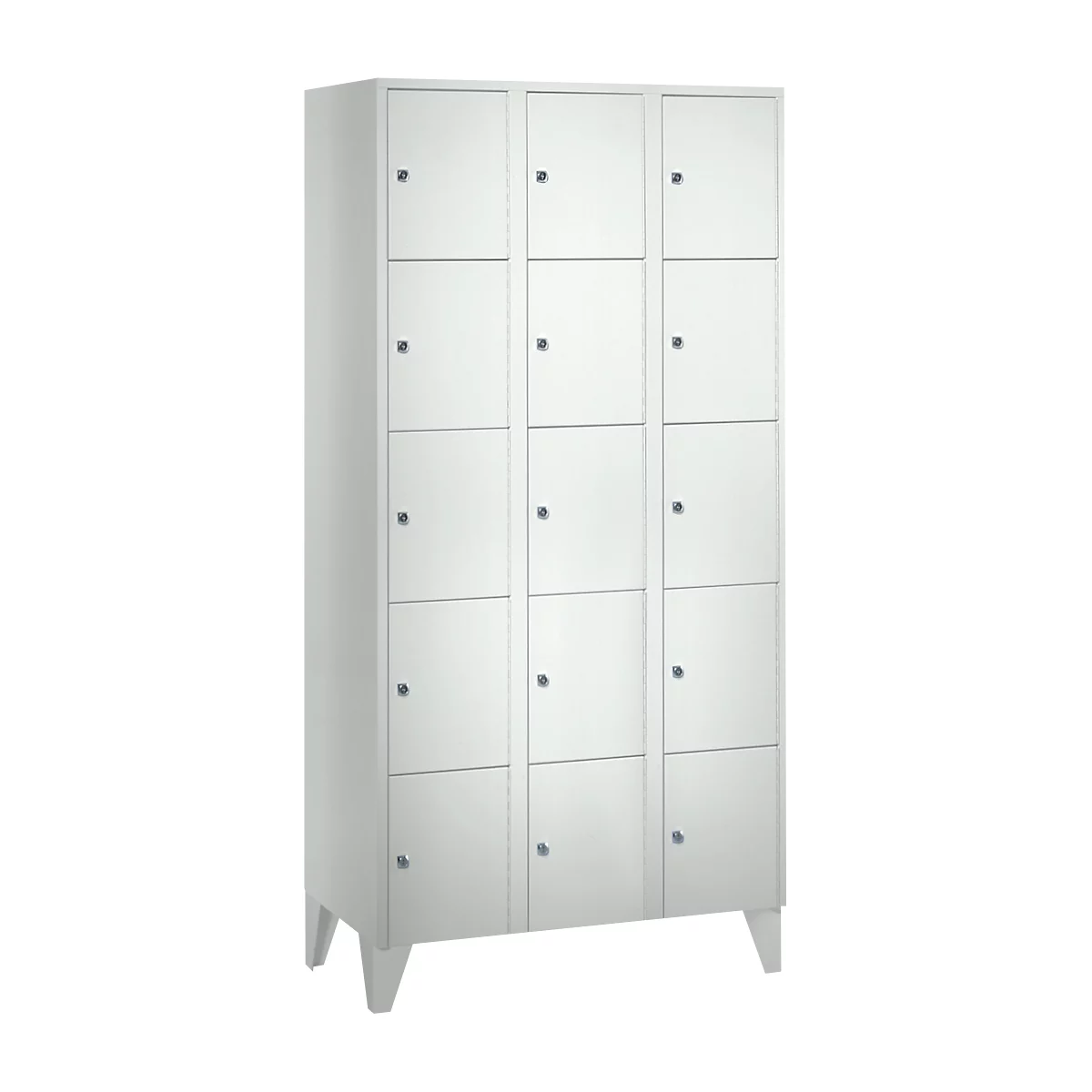 White cabinet with 15 doors, on legs. Each door has a small knob.