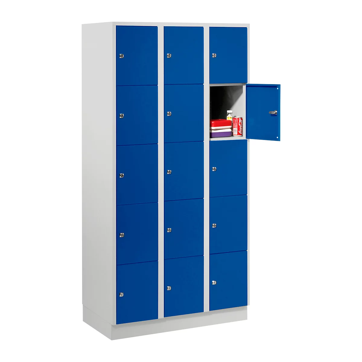 Blue and white locker with open door; books and drinks inside.