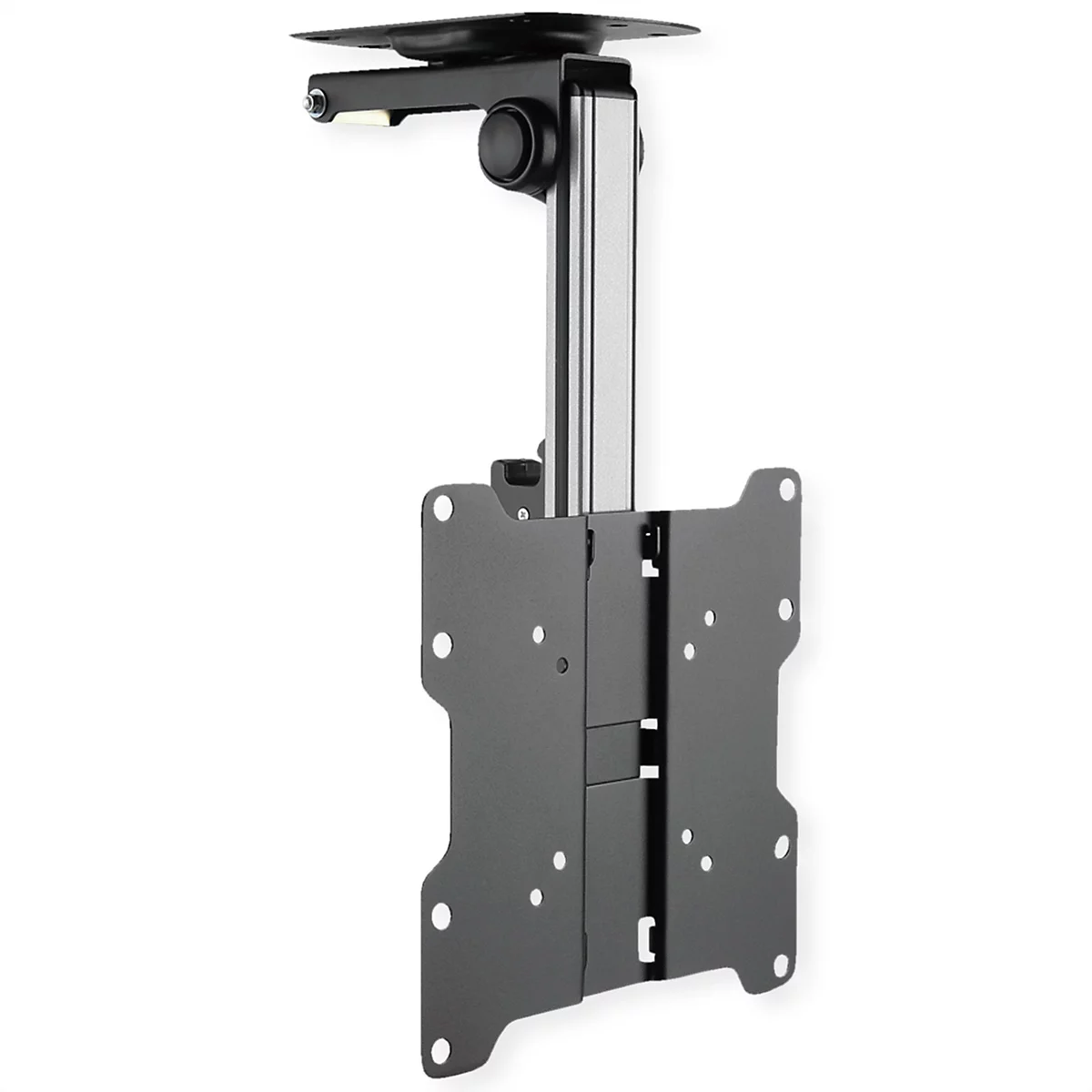 Schwarze Deckenhalterung für Fernseher mit ausziehbarem, silbernem Arm vor weißem Hintergrund.