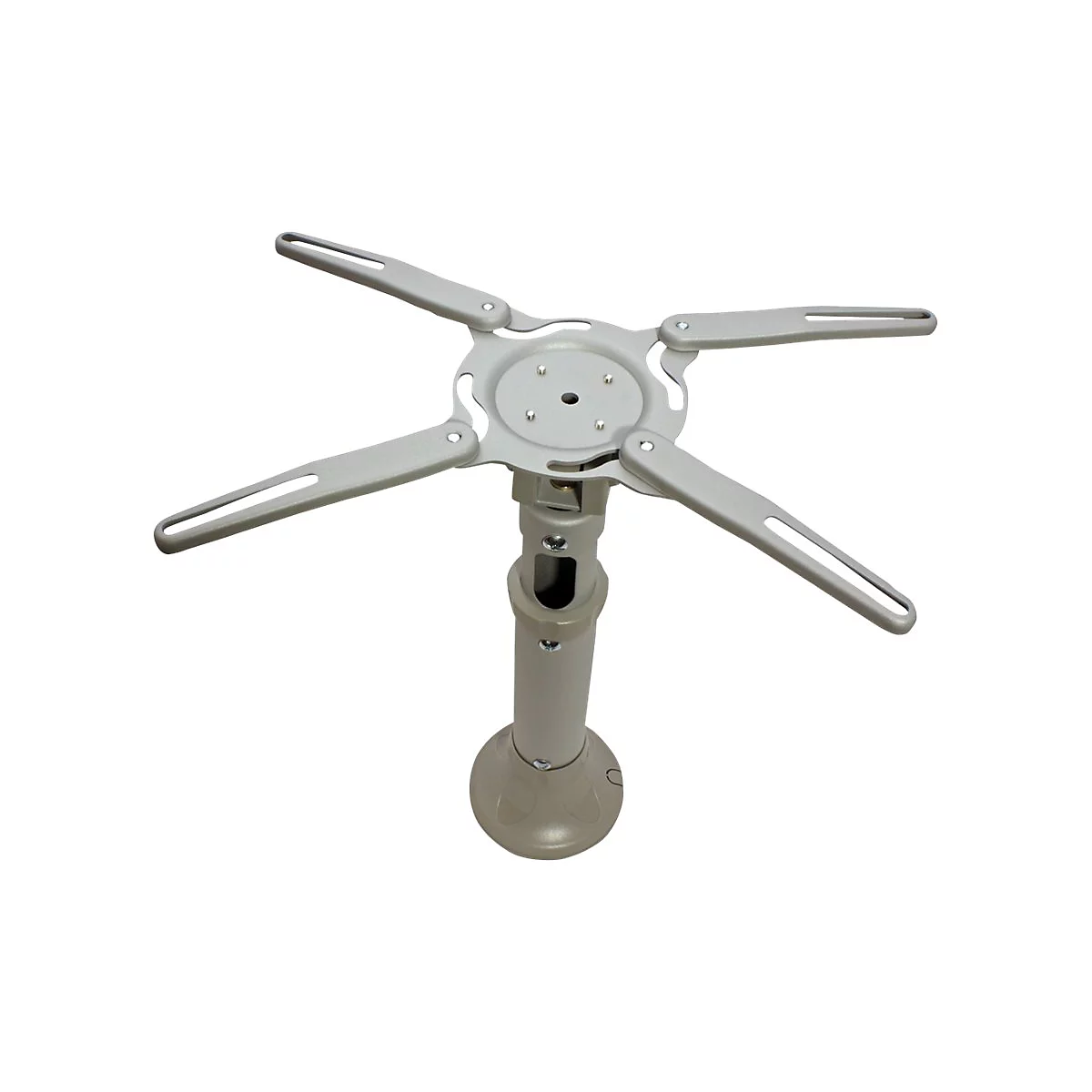 Silberne Beamer-Deckenhalterung mit zentraler Stange und verstellbarem Vier-Arm-Montagesystem vor weißem Hintergrund.