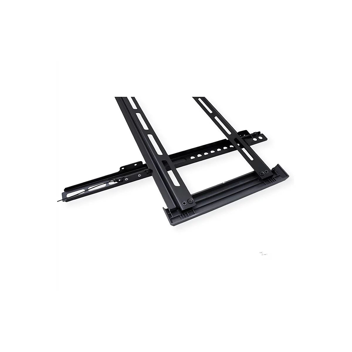 Schwarze TV-Wandhalterung aus Metall mit vertikalen Montageschienen vor weißem Hintergrund.