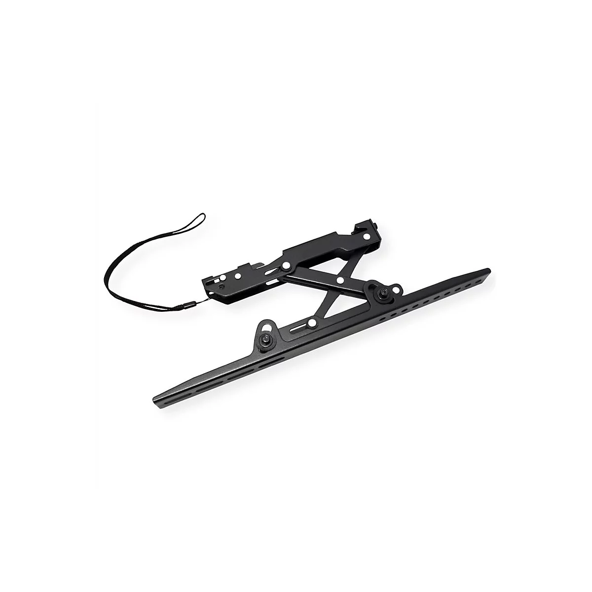 Schwarze, ausklappbare TV-Wandhalterung aus Metall mit einem Entriegelungsband vor weißem Hintergrund.