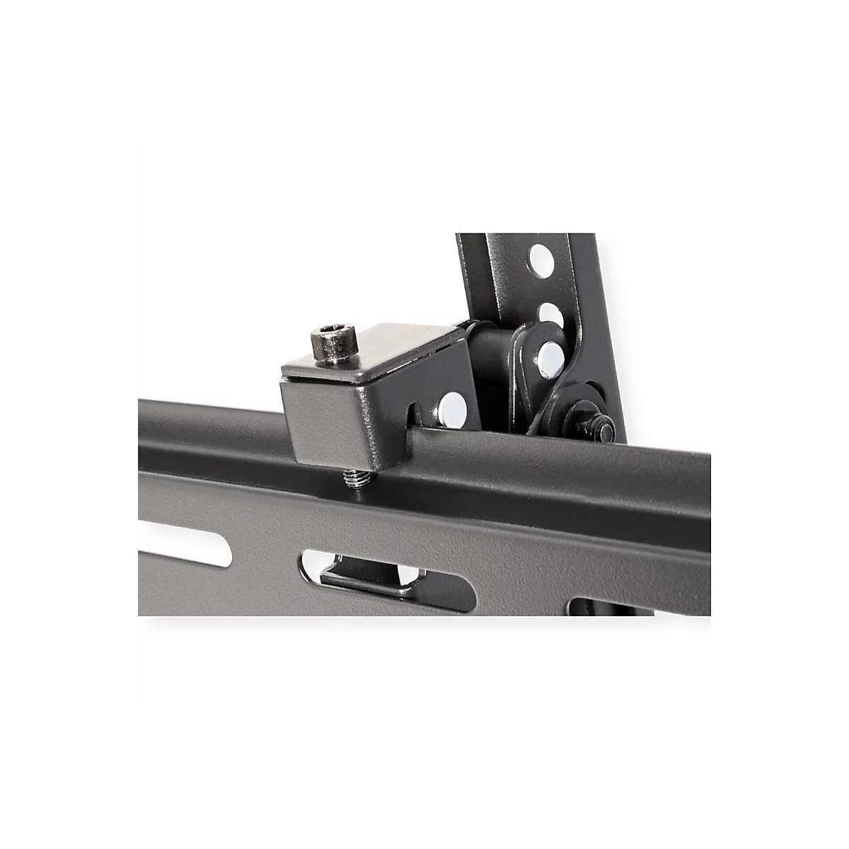 Detailansicht eines schwarzen Metall-Verriegelungsmechanismus an einer TV-Wandhalterung.