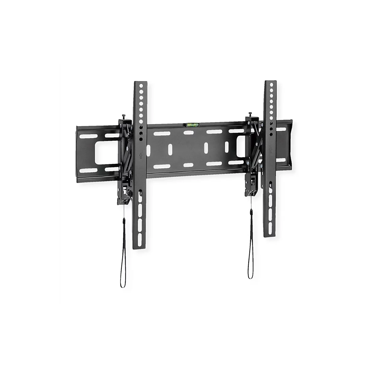 Schwarze, neigbare TV-Wandhalterung aus Metall vor weißem Hintergrund mit integrierter Wasserwaage.