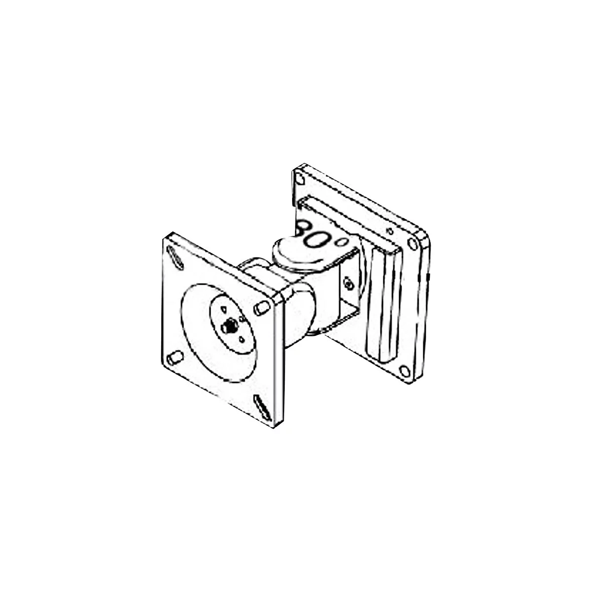 Draufsicht einer Halterung. Quadratische Platten mit Bohrungen sind Ã¼ber ein Gelenk verbunden. Auf dem Gelenk steht 30Â°.