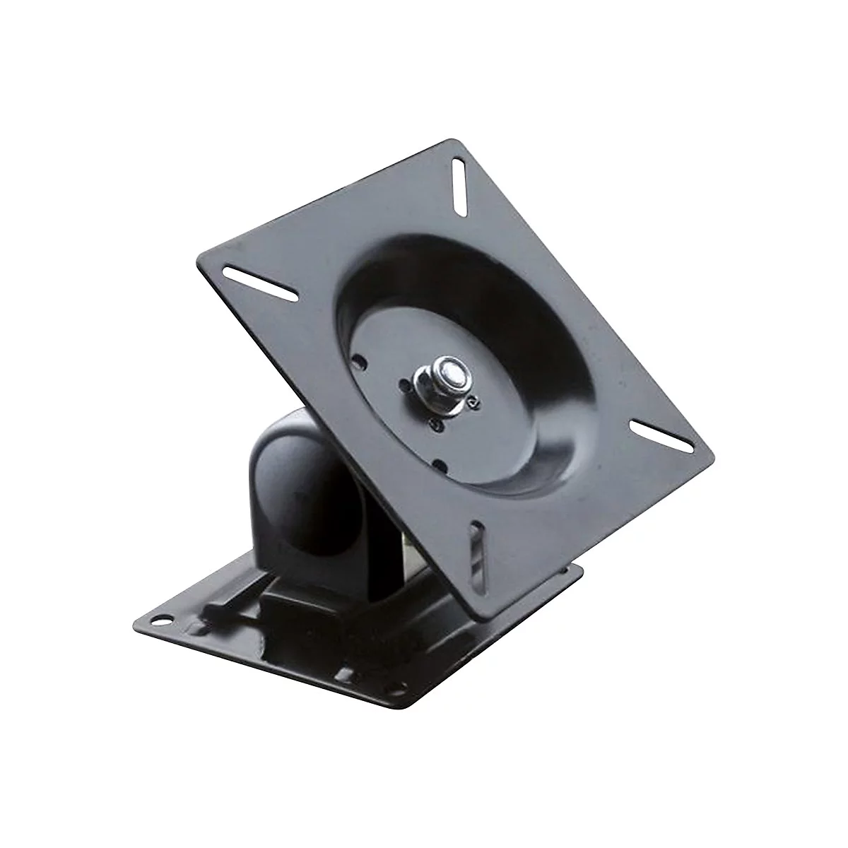 Schwarze, neigbare Metallhalterung für Monitore mit quadratischer Montageplatte vor weißem Hintergrund.