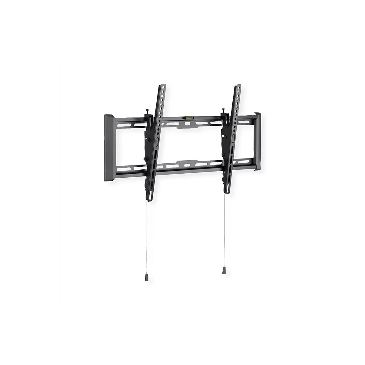 Schwarze TV-Wandhalterung aus Metall vor weißem Hintergrund.