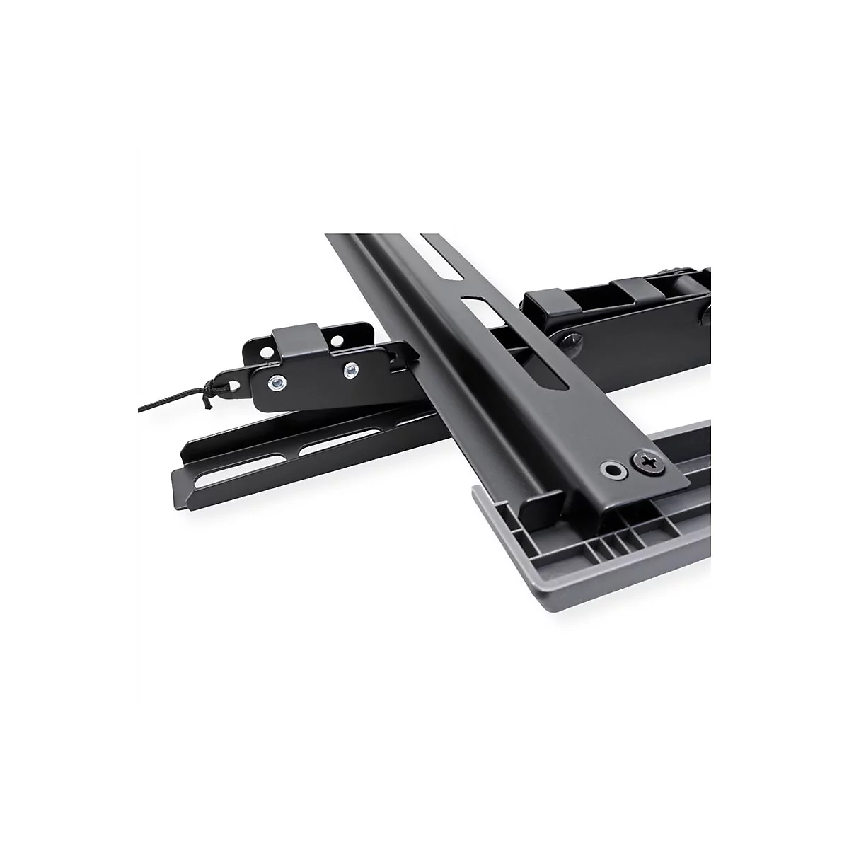 Detailansicht der schwarzen Mechanik einer schwenkbaren TV-Wandhalterung mit Zugband.