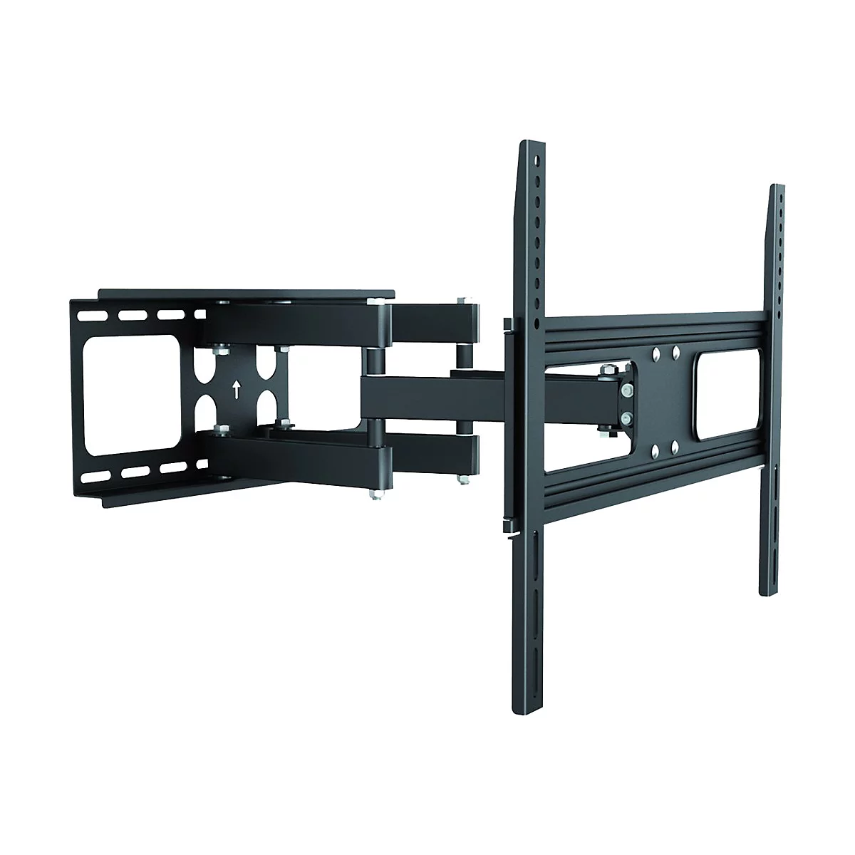 Schwarze TV-Wandhalterung, aus Metall, mit vielen Gelenken und Löchern. Auf weißem Hintergrund.