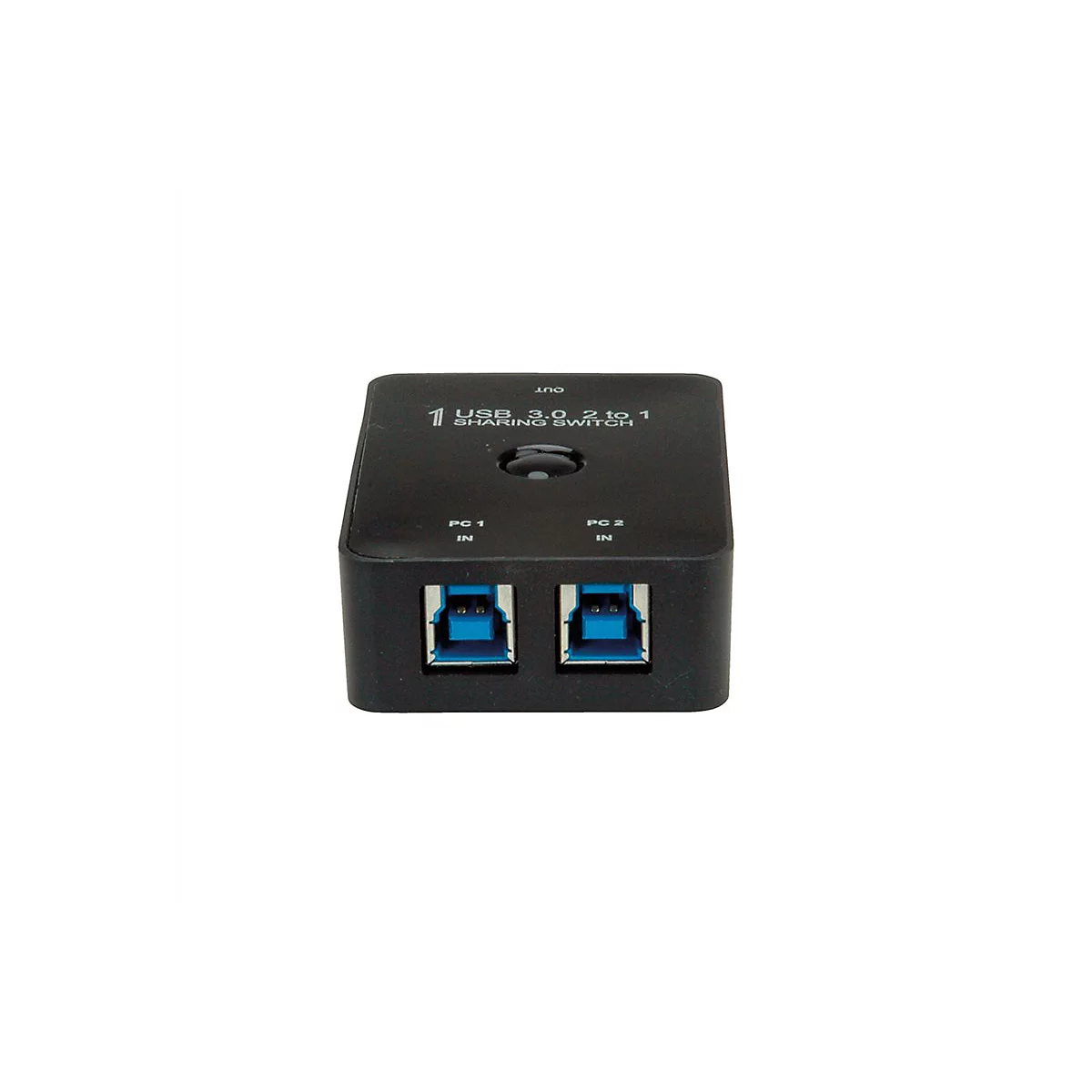 Schwarzer USB 3.0 Sharing-Switch mit zwei Eingangsanschlüssen für PCs vor weißem Hintergrund.