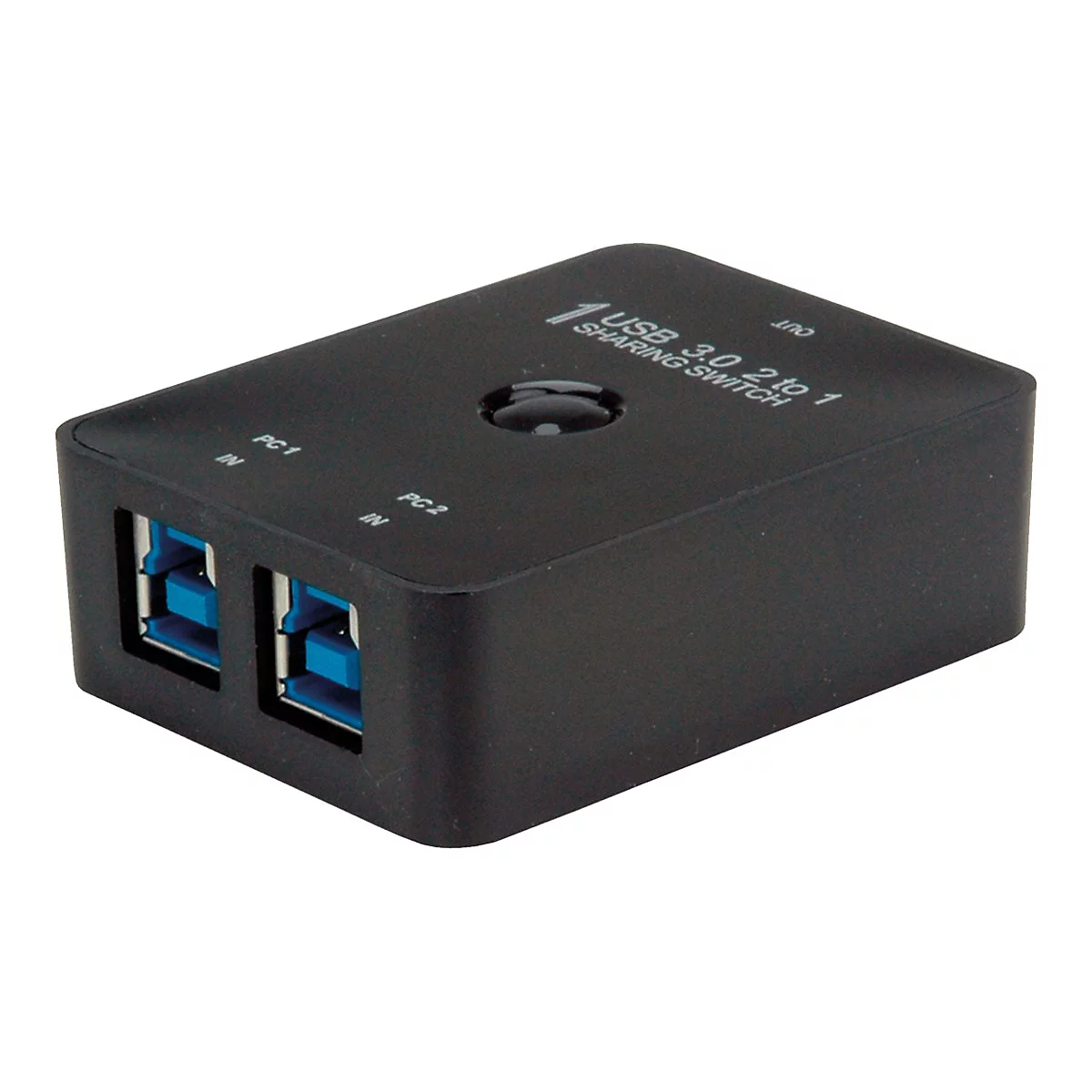Schwarzer USB 3.0 Sharing-Switch für zwei PCs mit zwei Eingängen und einer Taste auf der Oberseite.