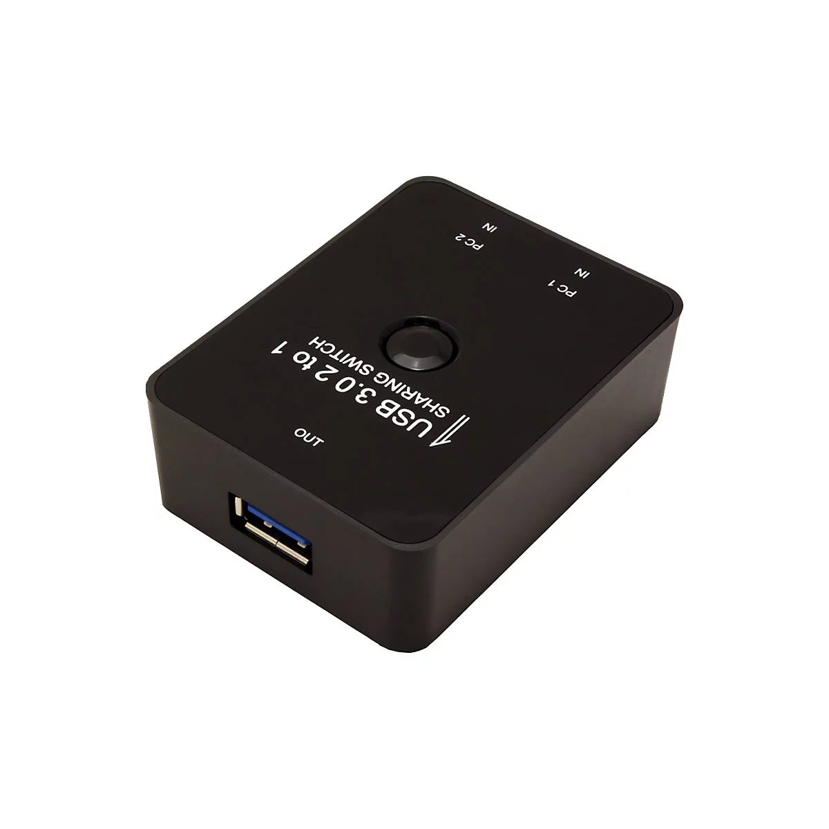 Schwarzer USB 3.0 Sharing-Switch mit Umschaltknopf, Anschlüssen für zwei PCs und einem USB-Ausgang.