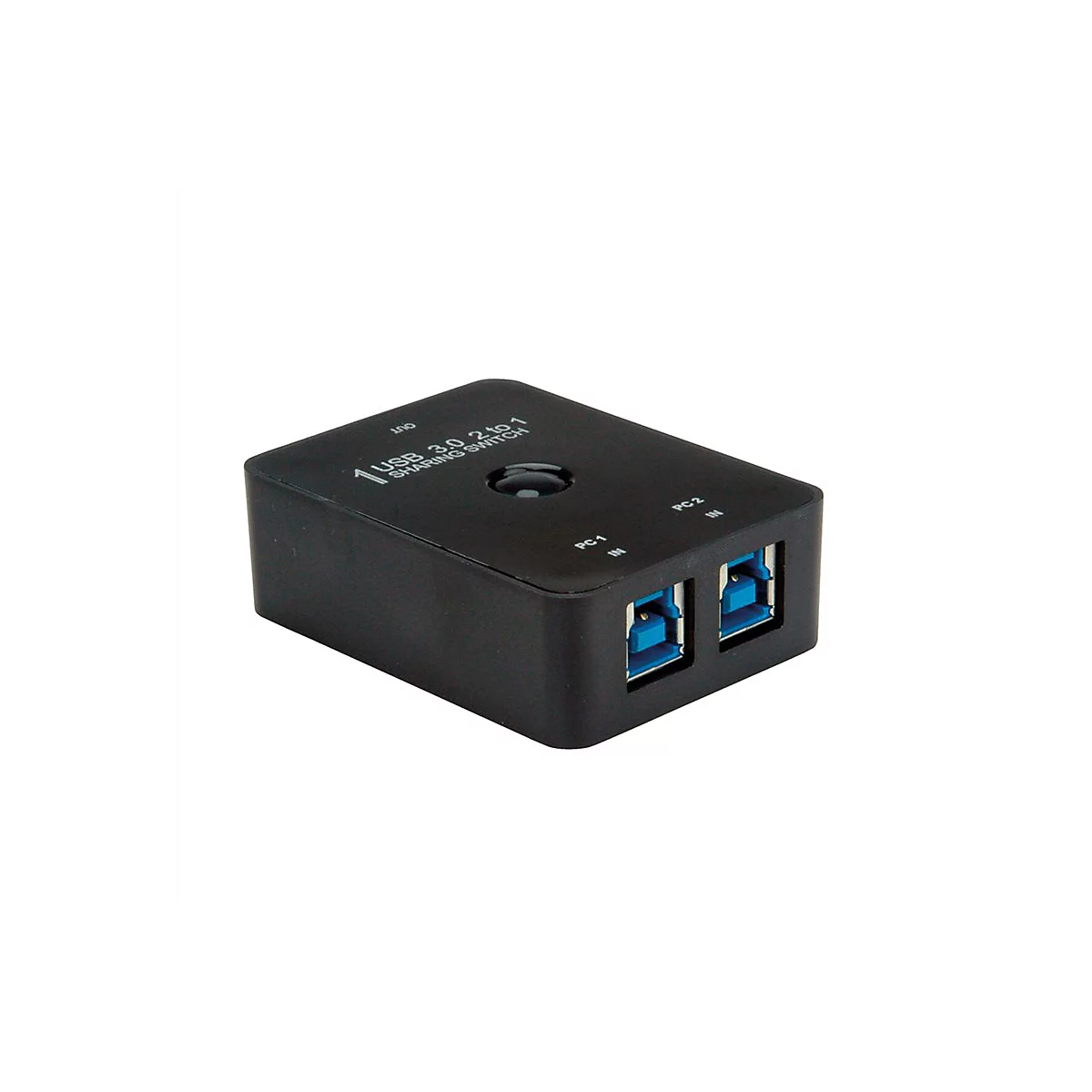 Schwarzer USB 3.0 Sharing Switch mit zwei Anschlüssen für PCs und einem zentralen Auswahlknopf.