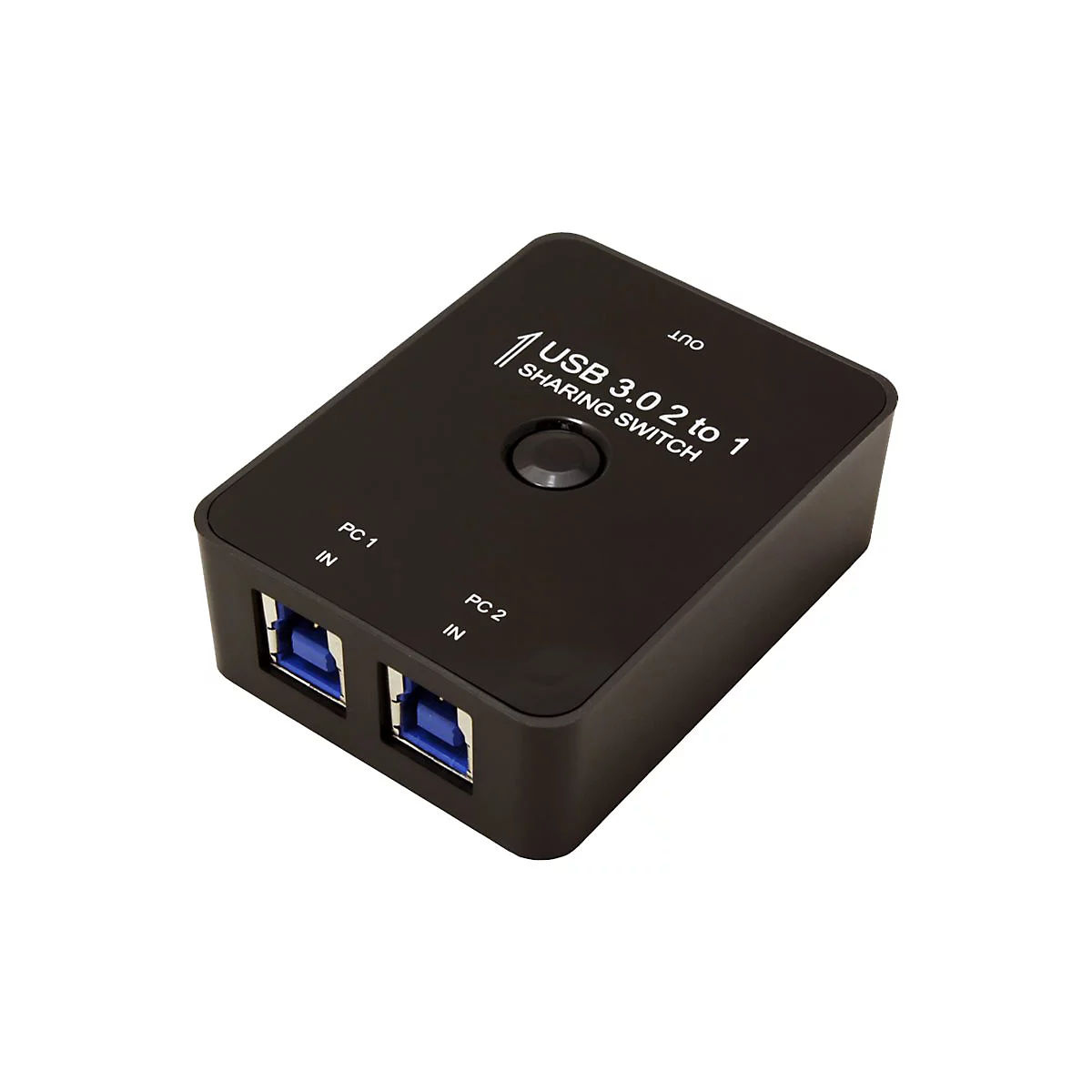 Schwarzer USB 3.0 Sharing Switch mit zwei Eingängen für PCs und einem zentralen Umschaltknopf.