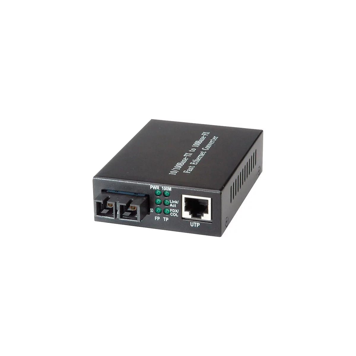 Schwarzer Fast Ethernet Konverter mit Glasfaser- und RJ45-Anschlüssen sowie Status-LEDs auf weißem Grund.