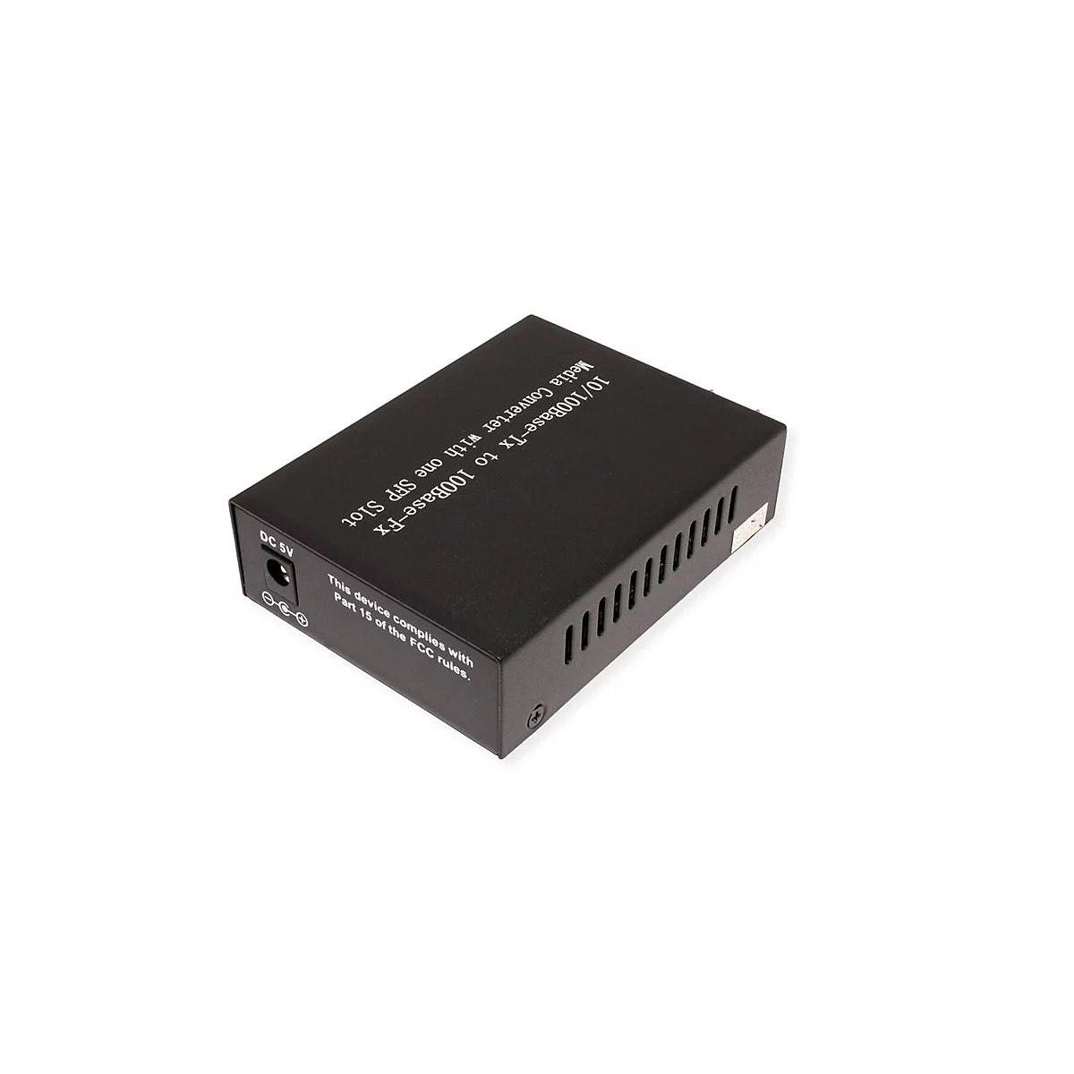 Schwarzer 10/100Base-Tx auf 100Base-Fx Medienkonverter mit SFP-Slot auf weißem Hintergrund.
