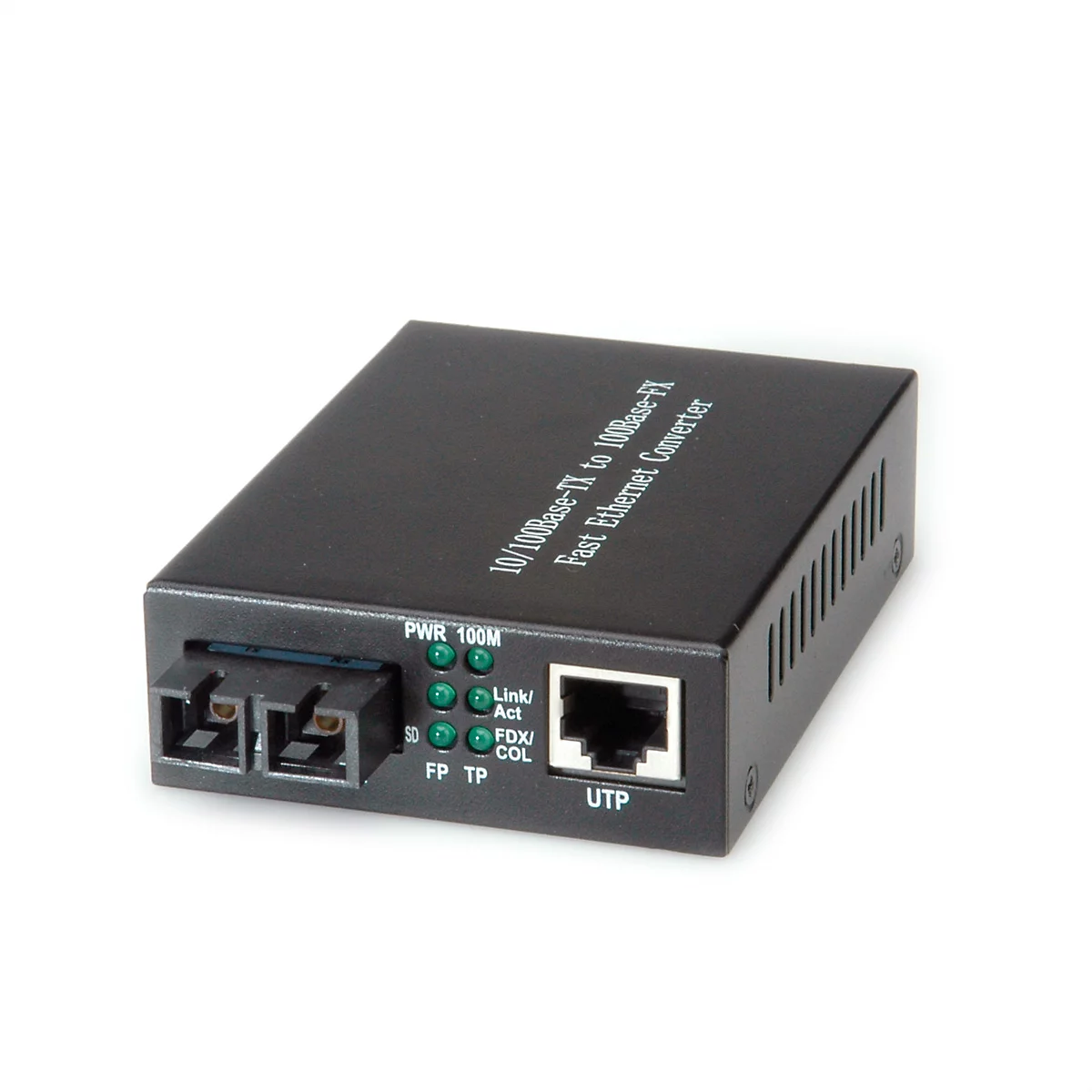 Schwarzer Fast Ethernet Konverter mit Glasfaser- und UTP-Anschluss vor weißem Hintergrund.