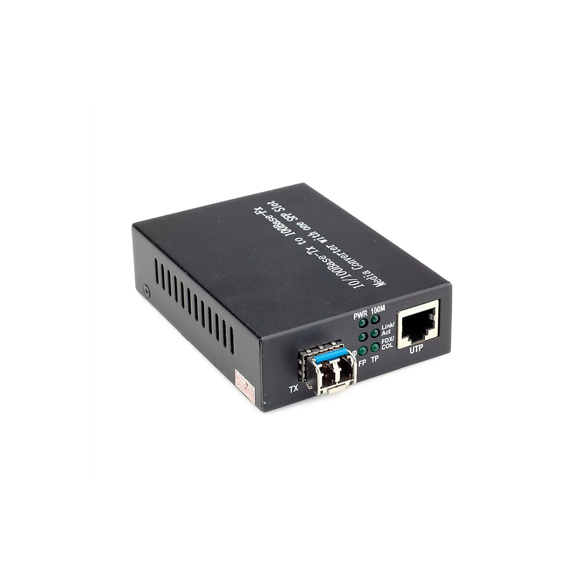 Schwarzer Media Converter 10/100Base-Tx zu 100Base-Fx mit SFP-Slot, RJ45-Port und Status-LEDs auf weißem Hintergrund.