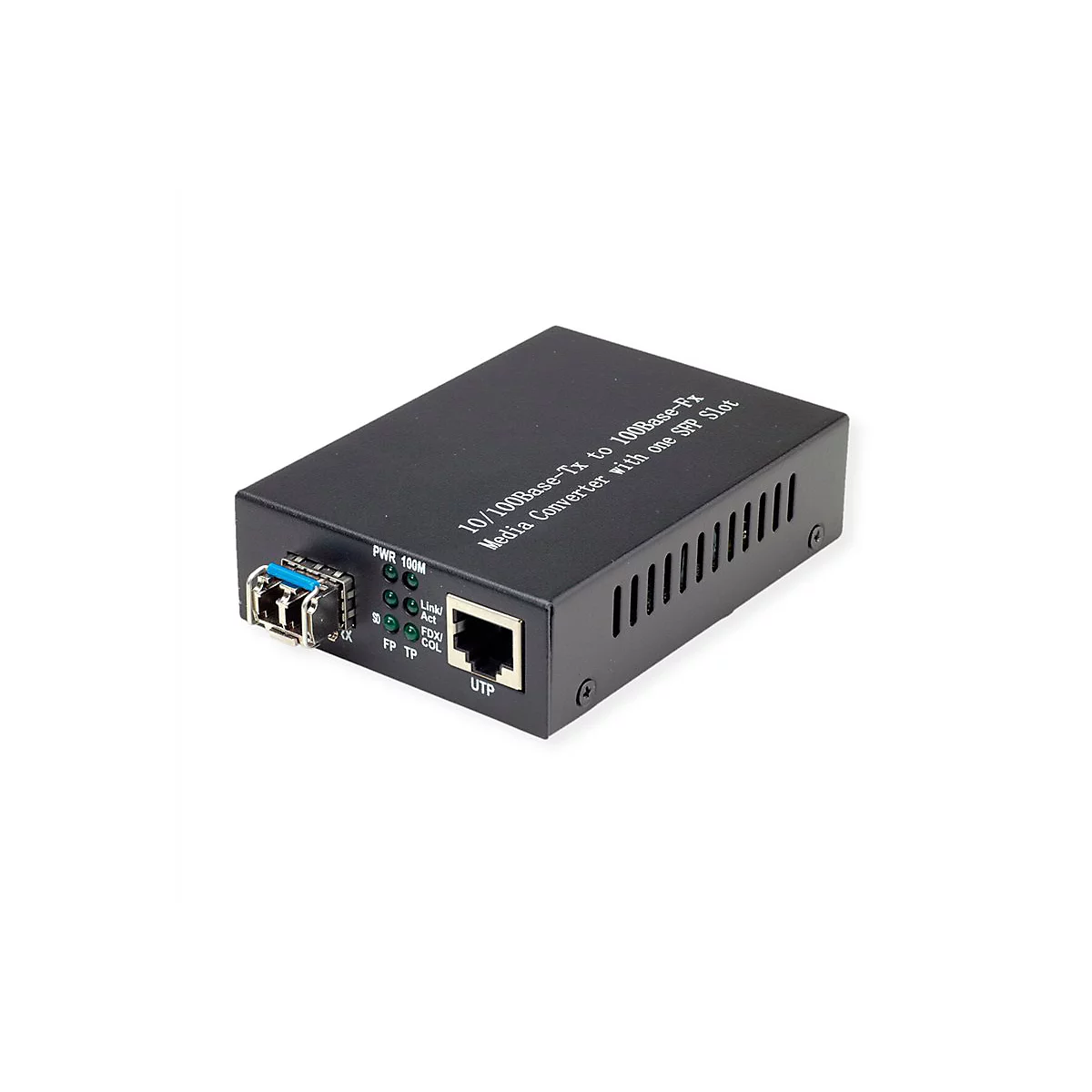 Schwarzer 10/100Base-Tx zu 100Base-Fx Medienkonverter mit SFP-Slot und Netzwerkanschluss auf weißem Hintergrund.