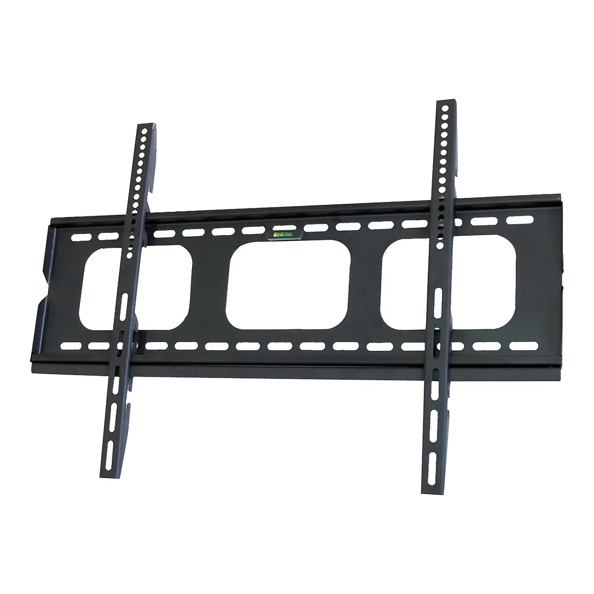 Schwarze TV-Wandhalterung aus Metall mit integrierter Wasserwaage vor weißem Hintergrund.