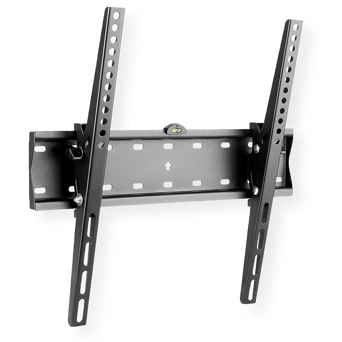 Schwarze TV-Wandhalterung aus Metall mit vertikalen Schienen und integrierter Wasserwaage vor weißem Hintergrund.