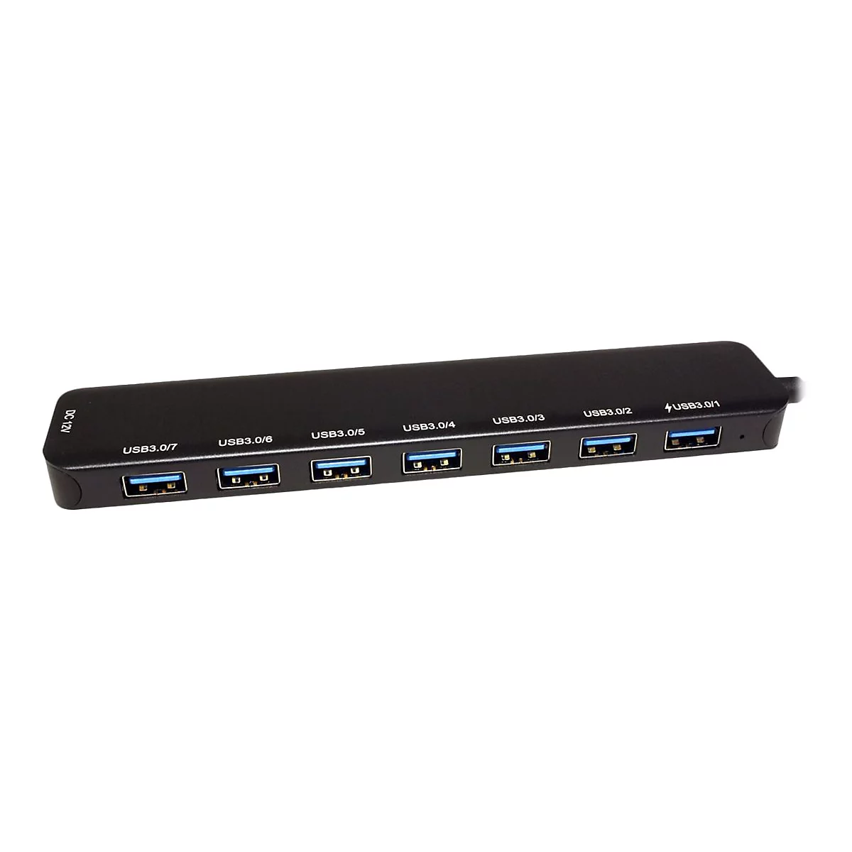 Schwarzer USB-3.0-Hub mit sieben nummerierten Anschlüssen und einem Netzanschluss auf weißem Hintergrund.