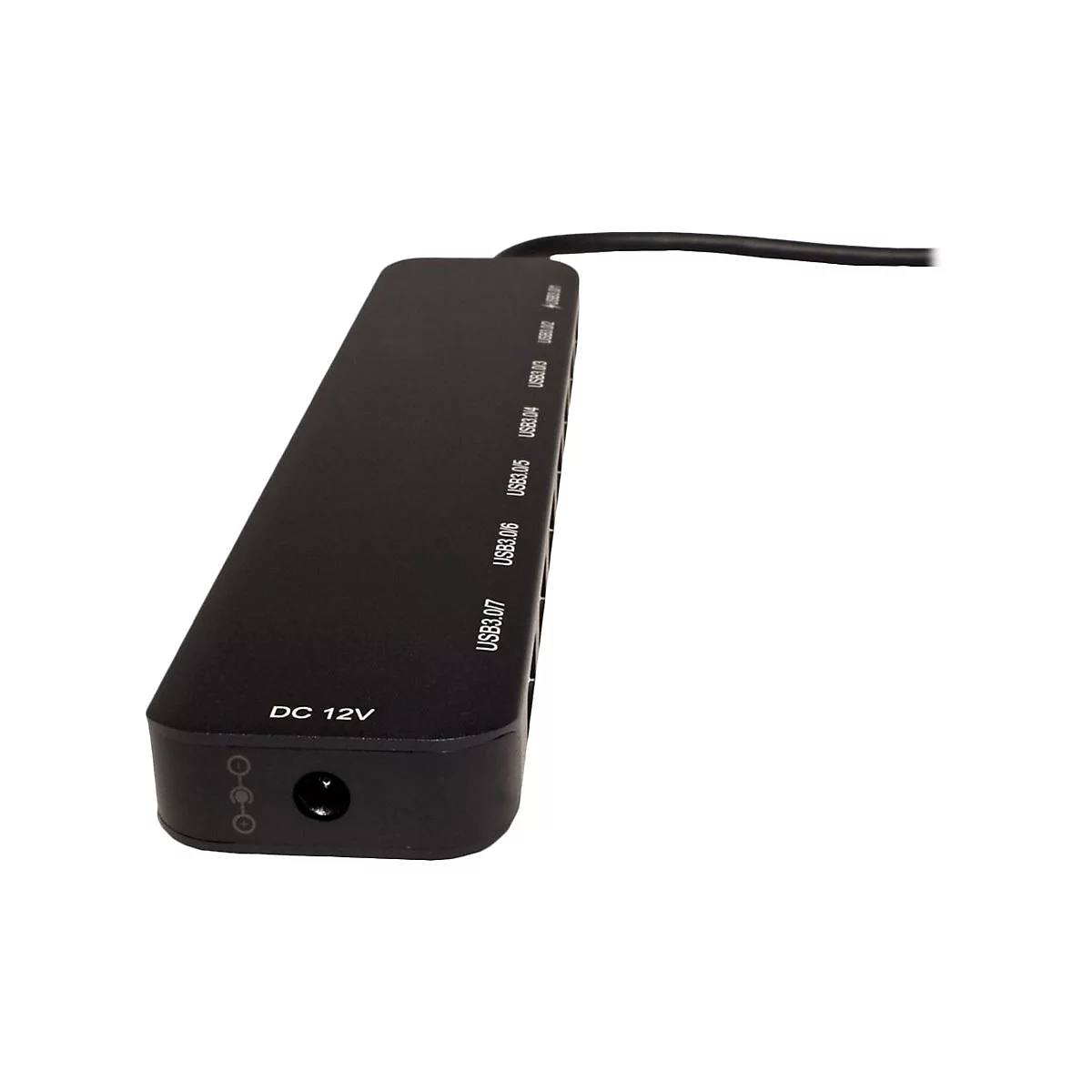 Schwarzer USB-Hub mit sieben USB 3.0 Anschlüssen und einem 12V Stromanschluss.