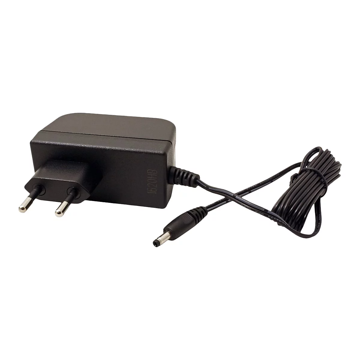 Schwarzes Steckernetzteil mit Eurostecker und angeschlossenem Kabel mit Hohlstecker.