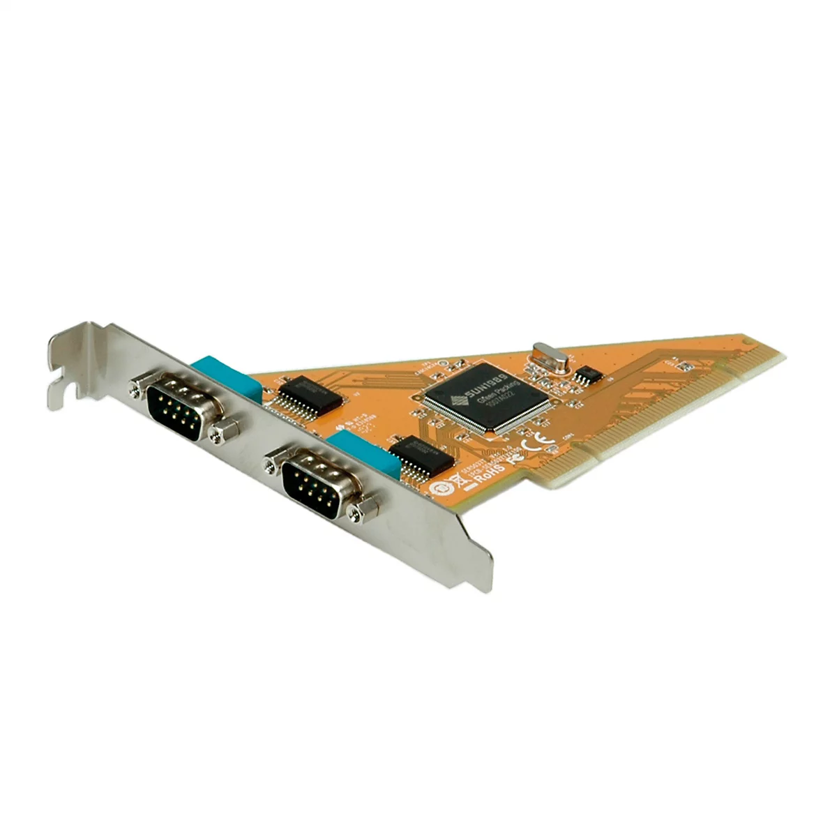 Eine PCI-Steckkarte mit zwei seriellen DB9-Anschlüssen auf einer gelben Platine vor weißem Hintergrund.