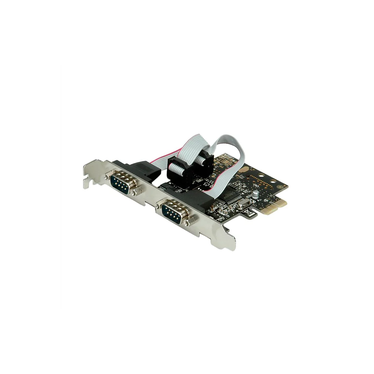 PCIe-Erweiterungskarte mit zwei seriellen DB9-Anschlüssen an einer Metallblende, verbunden über Flachbandkabel.