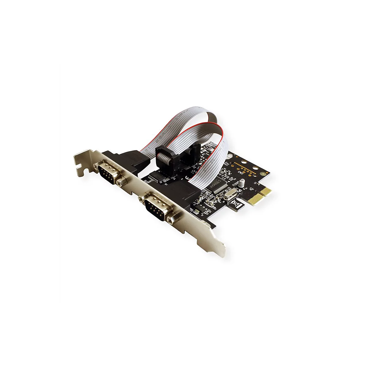 PCIe-Erweiterungskarte mit zwei seriellen Schnittstellen und angeschlossenen Flachbandkabeln.