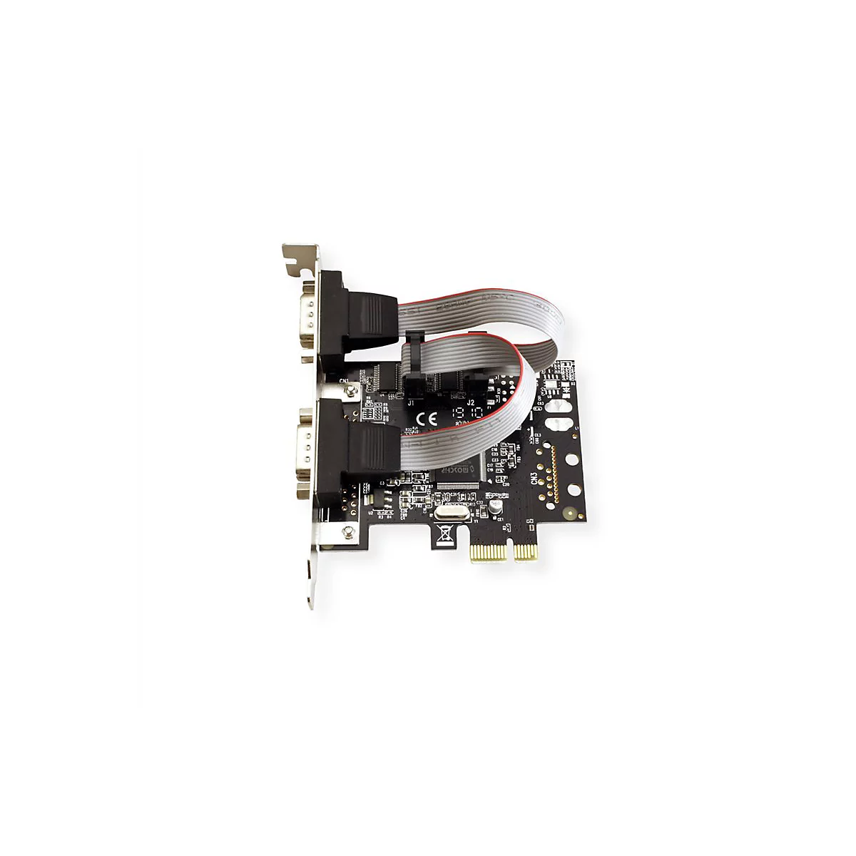 Eine schwarze PCIe-Erweiterungskarte mit zwei seriellen Anschlüssen, verbunden durch Flachbandkabel auf weißem Grund.