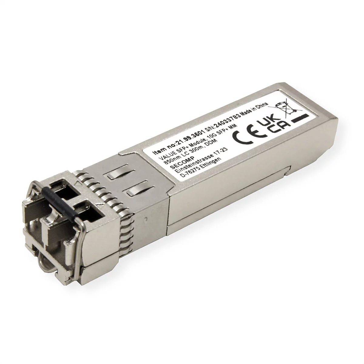 Silbernes 10G SFP+ Glasfaser-Transceiver-Modul mit Aufkleber und LC-Anschluss vor weißem Hintergrund.