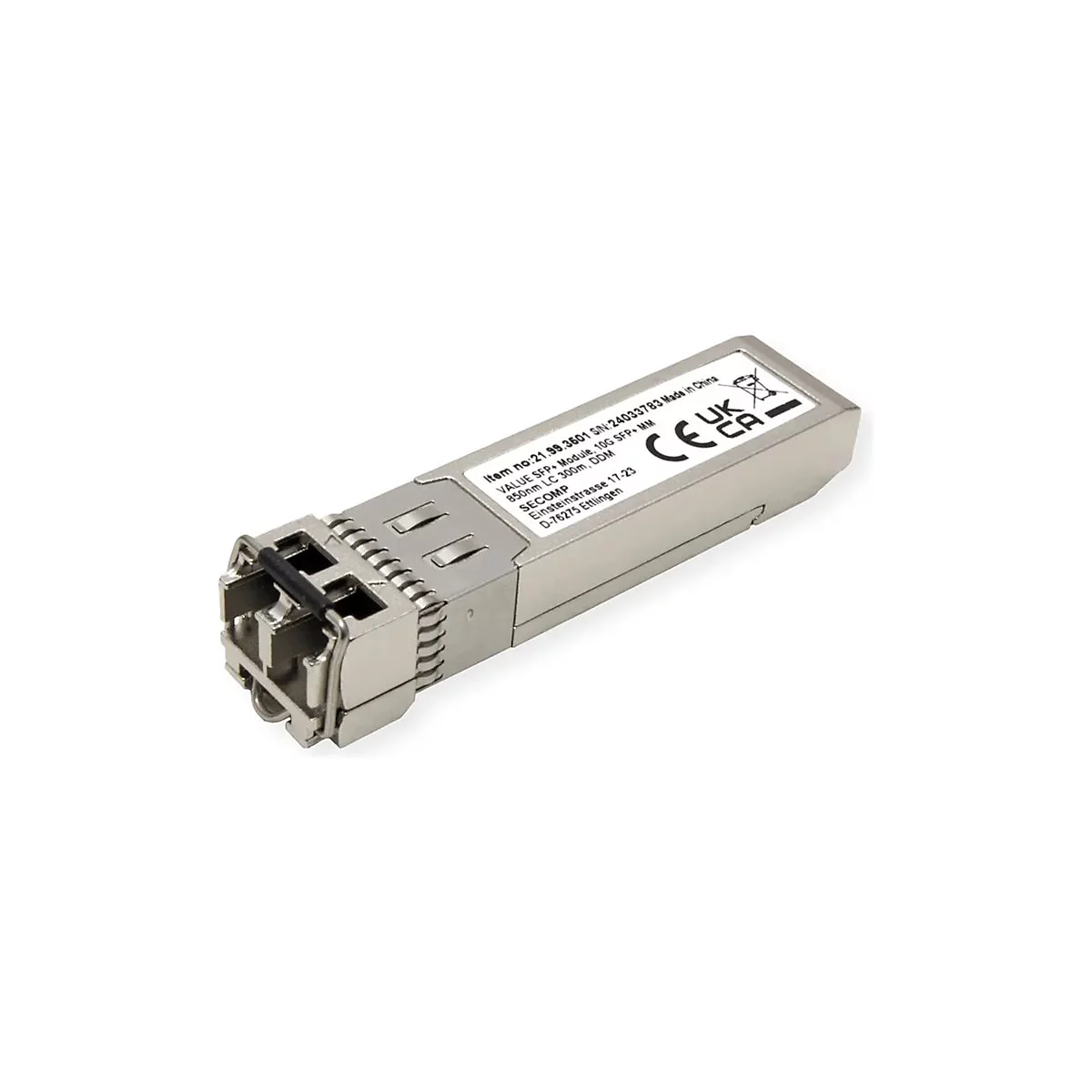 Silbernes 10G SFP+ Glasfaser-Transceiver-Modul mit weißem Aufkleber auf hellem Hintergrund.