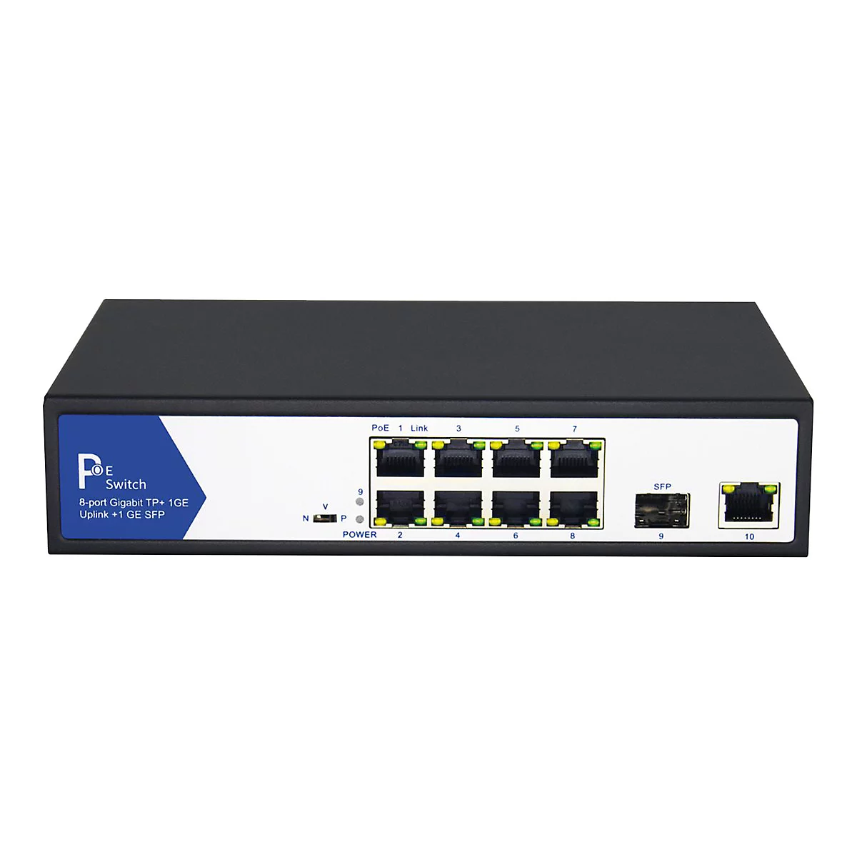 Schwarzer 8-Port PoE Gigabit-Switch mit einem SFP-Uplink und einem zusätzlichen Gigabit-Ethernet-Port.