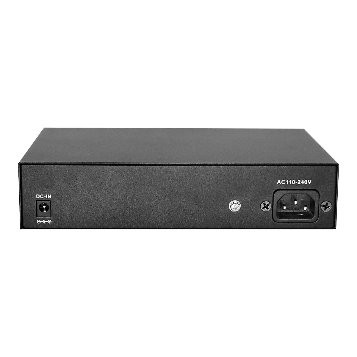 Rückseite eines schwarzen Metallgehäuses mit DC-Eingang und Kaltgeräteanschluss für AC 110-240V.