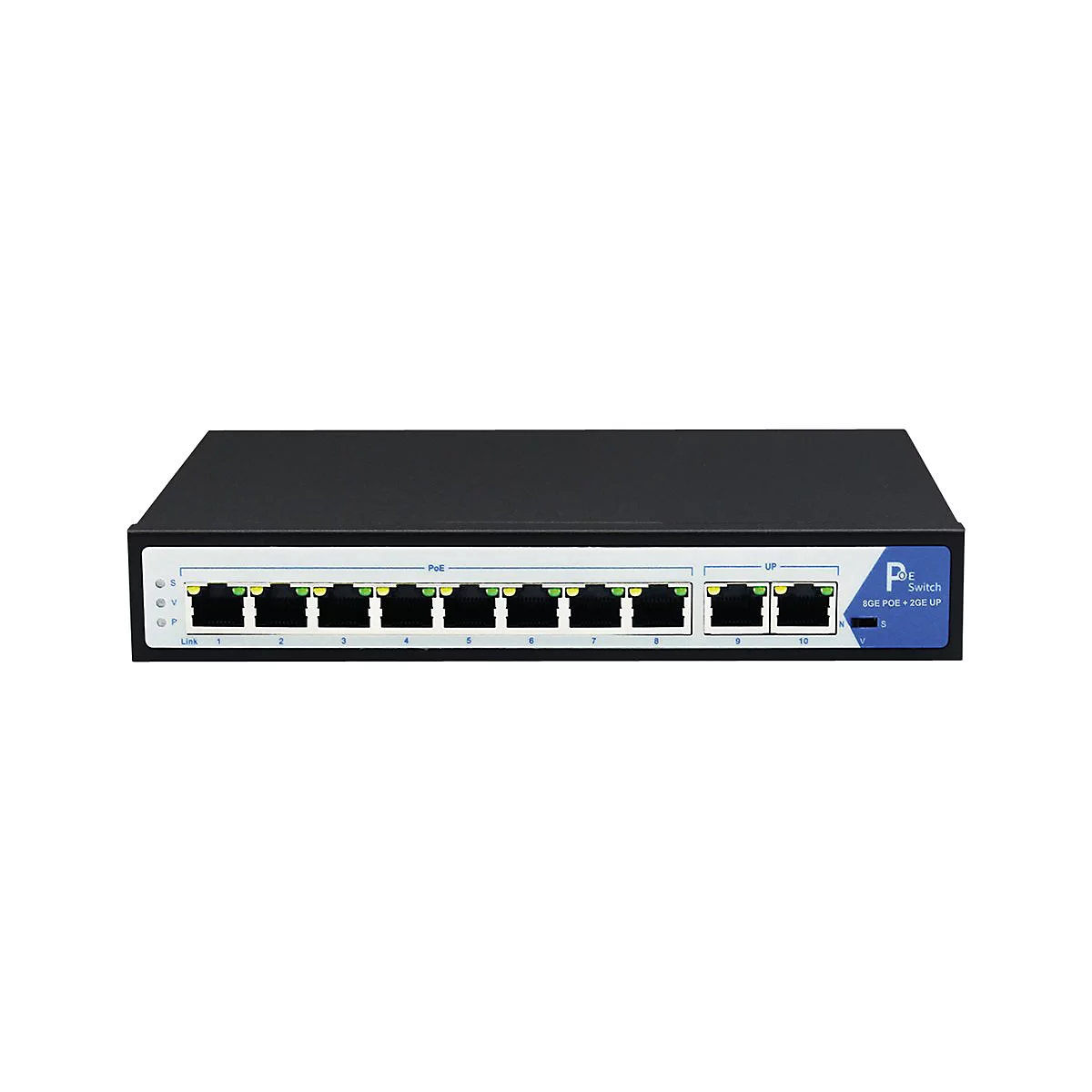 Schwarzer 10-Port PoE-Netzwerk-Switch mit Ethernet-Anschlüssen vor weißem Hintergrund.