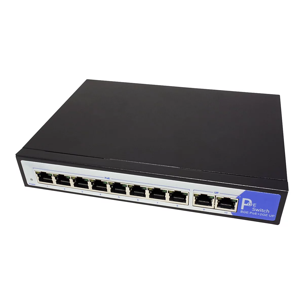 Schwarzer 10-Port PoE-Netzwerk-Switch mit blauen Akzenten und zehn RJ45-Anschlüssen vor weißem Hintergrund.