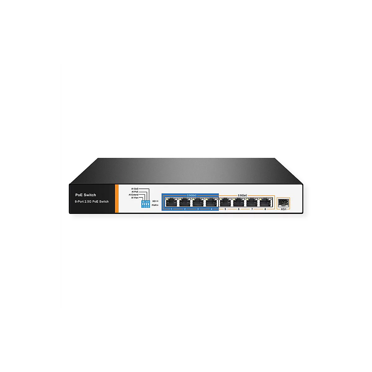 Schwarzer 8-Port 2.5G PoE-Switch mit Netzwerkanschlüssen, LED-Anzeigen und DIP-Schaltern auf weißem Hintergrund.