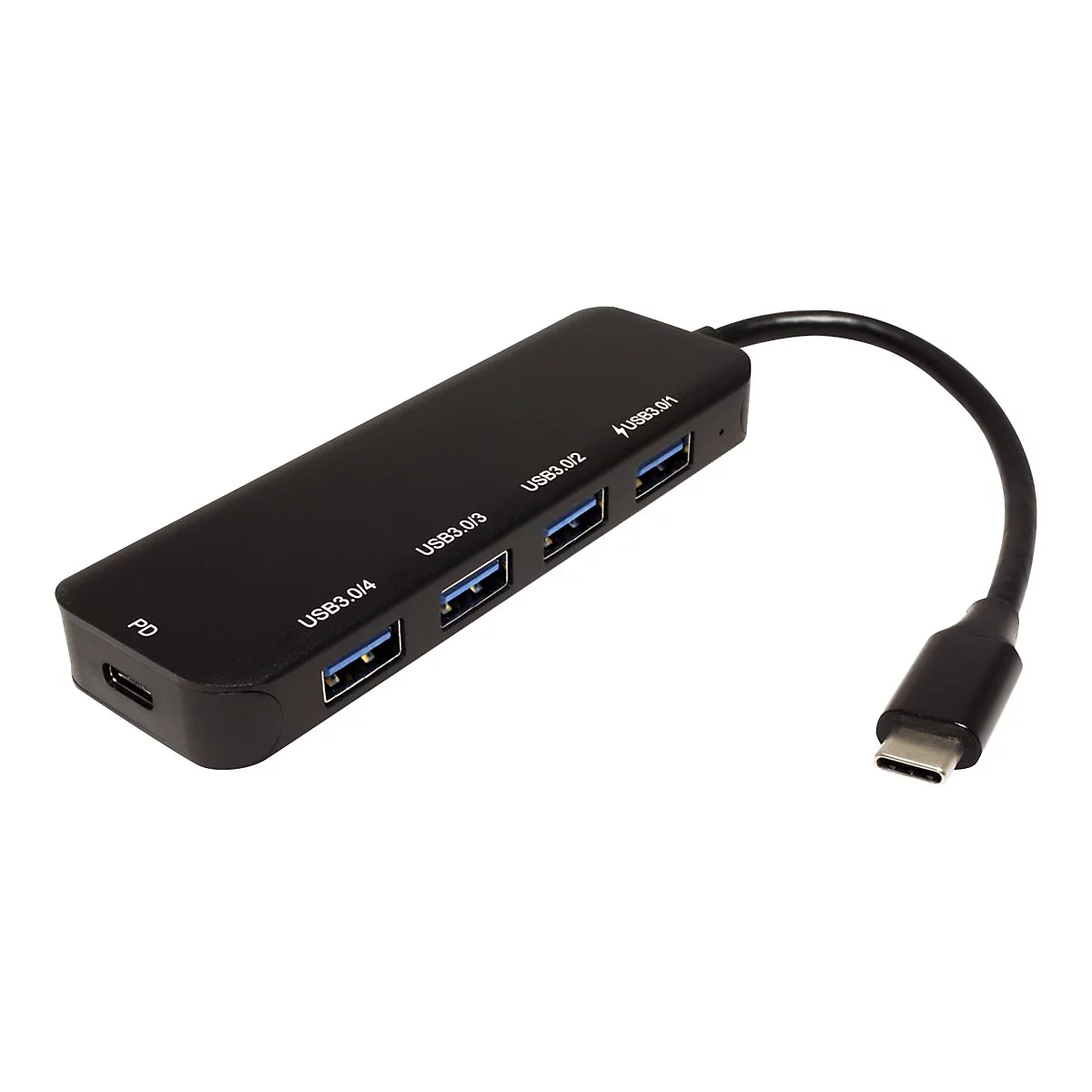 Schwarzer USB-C-Hub mit vier Anschlüssen und kurzem Kabel vor weißem Hintergrund.