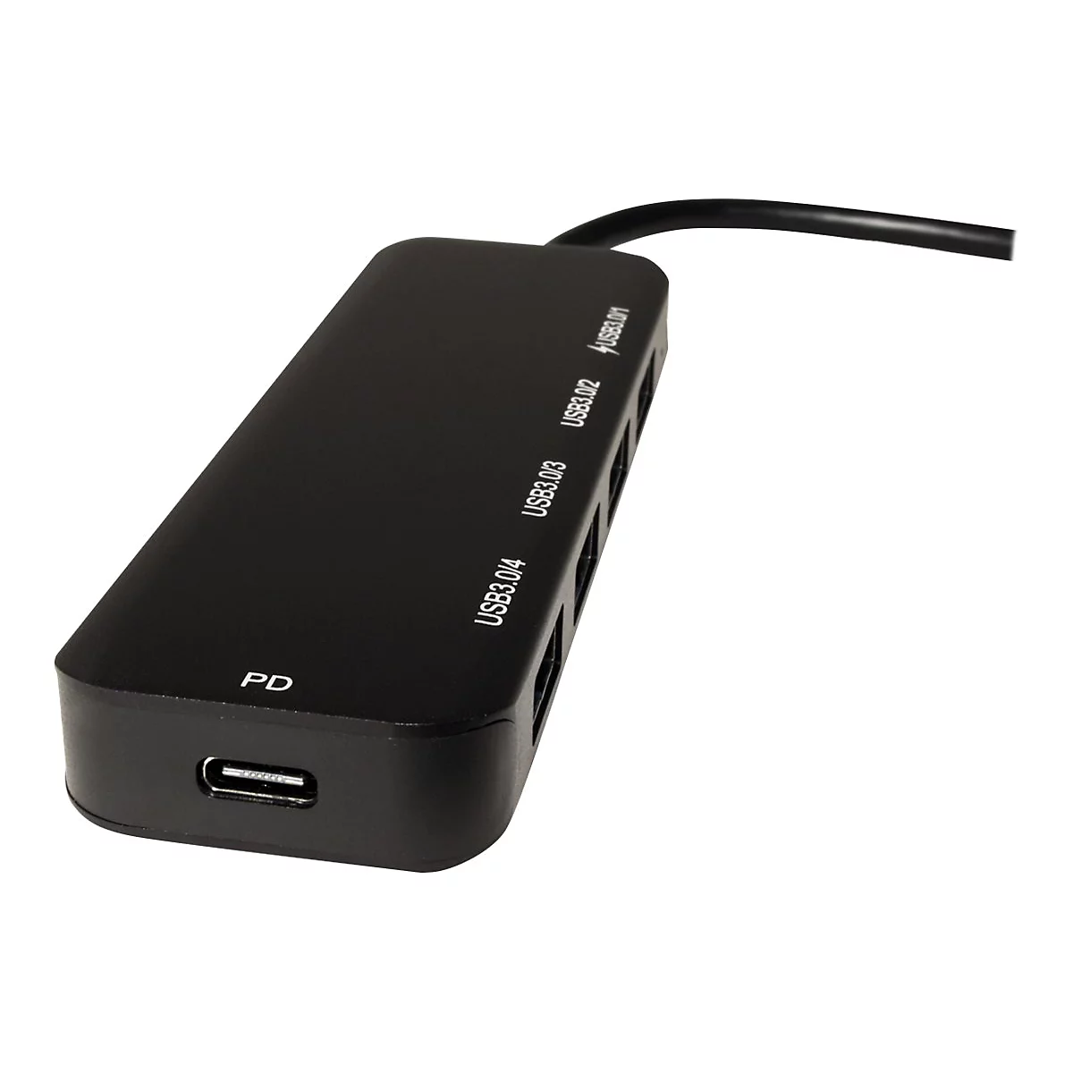 Schwarzer USB-C-Hub mit PD-Anschluss und vier USB-3.0-Ports vor weißem Hintergrund.